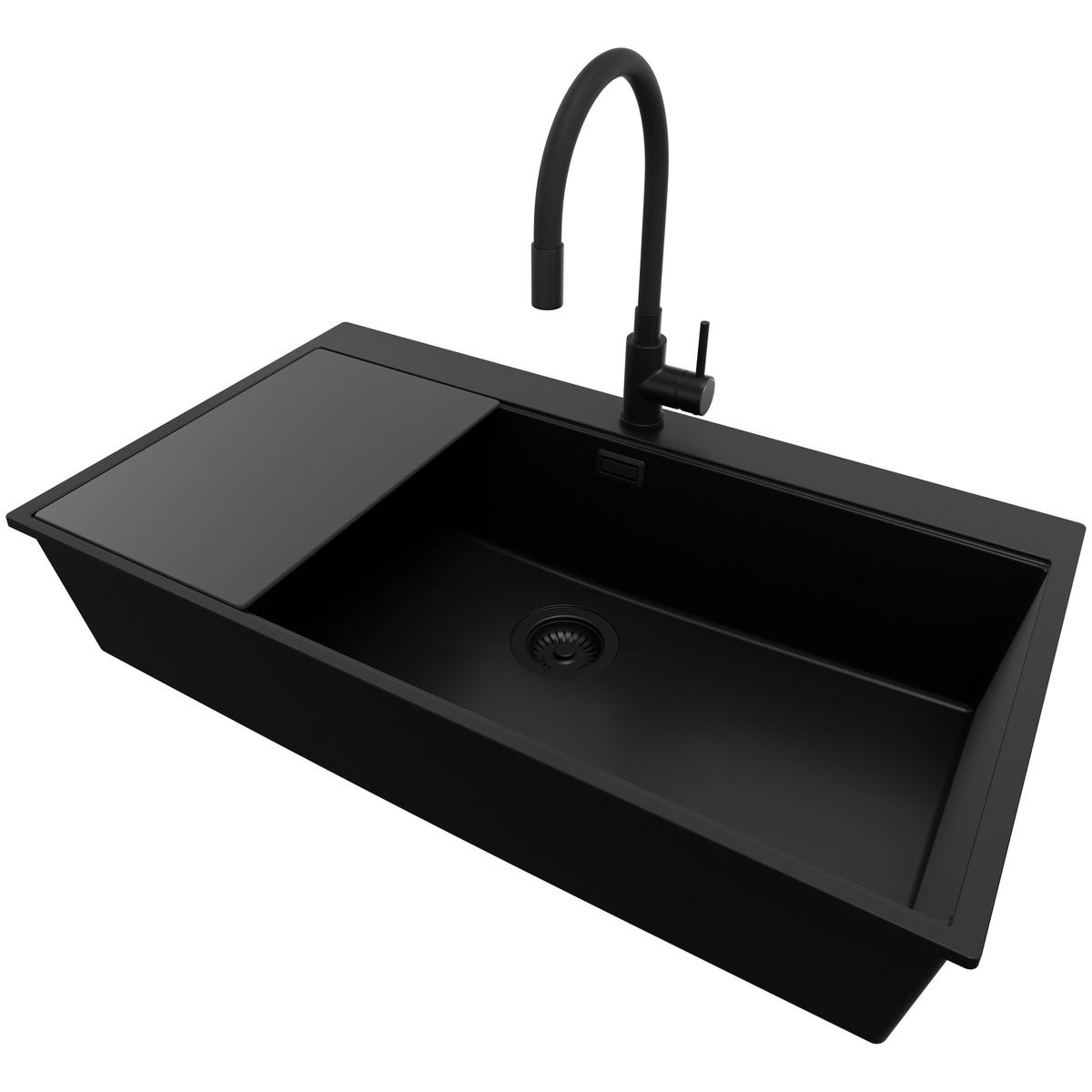 GRANITSPÜLE Oslo, 2-er set Alles Schwarz 88/50 cm 1 Becken + Küchenarmatur 40/38 cm + Ablauf-Set + Schneidebrett ab 90er Unterschrank - Schwarz, Kunststoff (88/20/50cm) - Primagran