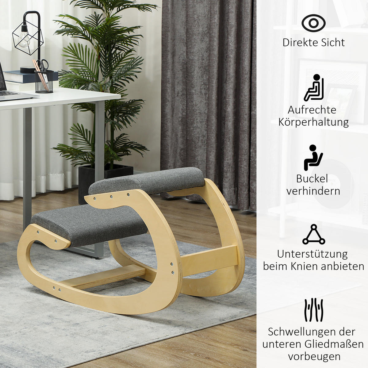 KNIESTUHL Ergonomisch, Kniestuhl aus Holz, Grau - Grau, Holz (54.5/54/85cm) - HOMCOM