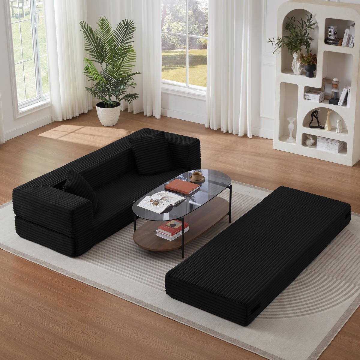 SCHLAFSOFA 2-Sitzer Sofa mit Schlaffunktion,Cord,Schwarz - Schwarz, Textil (200/60/76cm) - LVHOM