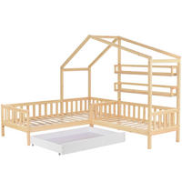 KINDERBETT aus Kiefernholz 90x200 cm+140x70 cm Natur mit Schublade, Regalen und Lattenrost in L-Form - Naturfarben, Holz (90/200cm) - Modfu