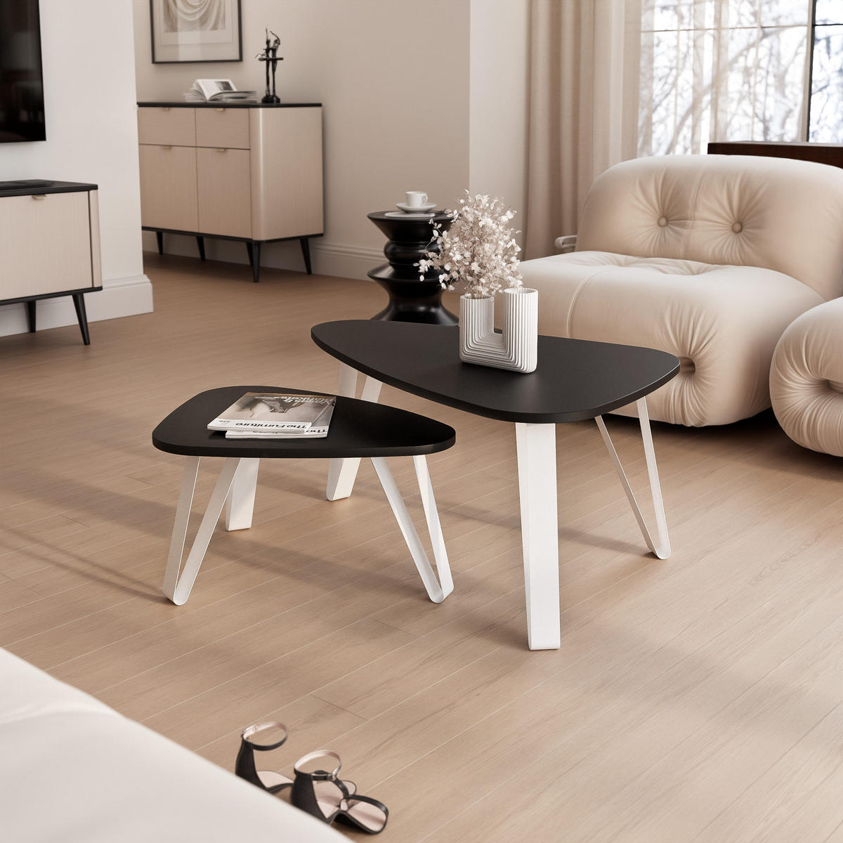 SATZTISCH NOA Stahlgestell, Freiform, Weiß / Schwarz Molet - Schwarz/Weiß, Holzwerkstoff (94/60/42cm) - Idohome