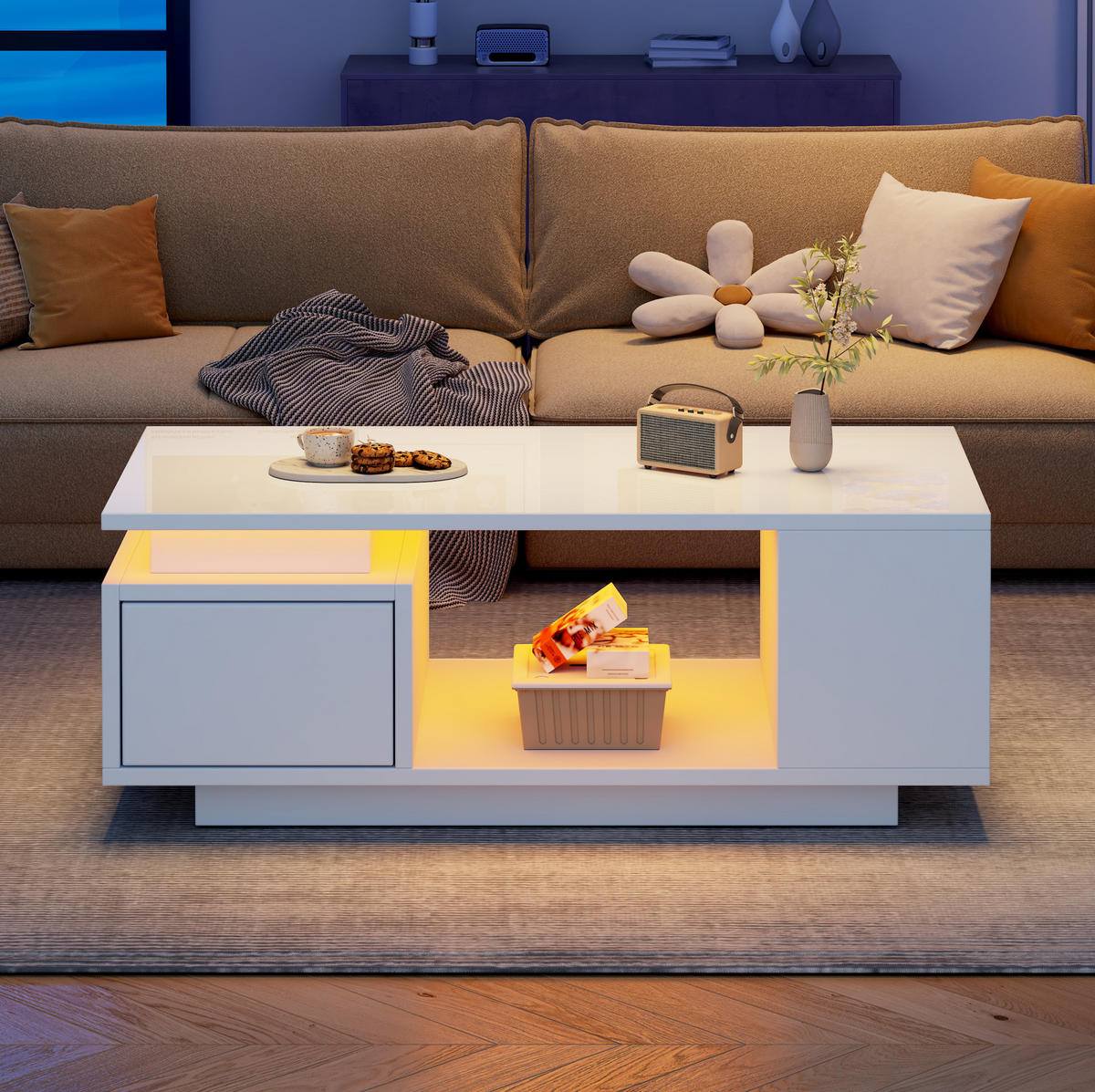 COUCHTISCH aus Spanplatte 100x50x36 cm Weiß mit LED-Beleuchtung, Schublade und seitlichen Ablagefächern - Weiß, Holzwerkstoff (100/50/36cm) - IVMEU