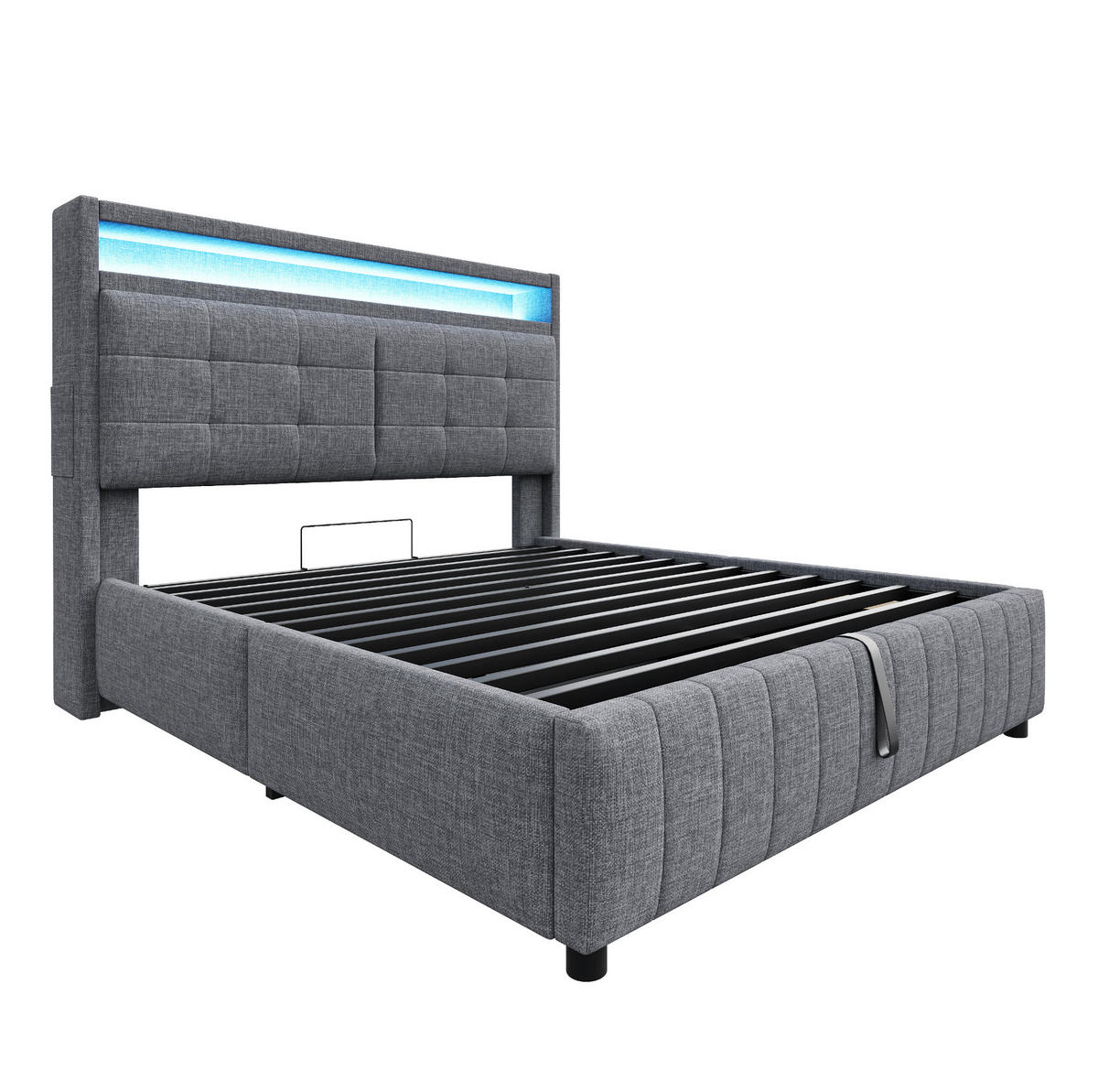 POLSTERBETT 160/200 cm mit LED-Beleuchtung, USB-Anschluss und hydraulischem Stauraum, Leinenbezug, Grau - Grau, Textil (160/200cm) - Redom