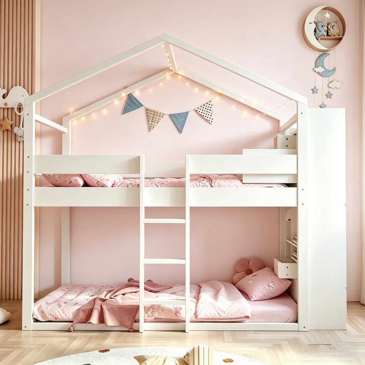 ETAGENBETT 90/200 cm mit Stauraum an beiden Kopfteilen, Sicherheitsgeländer und offenem Unterbett aus Kiefern , Weiß - Weiß, Holzwerkstoff (90/200cm) - Redom