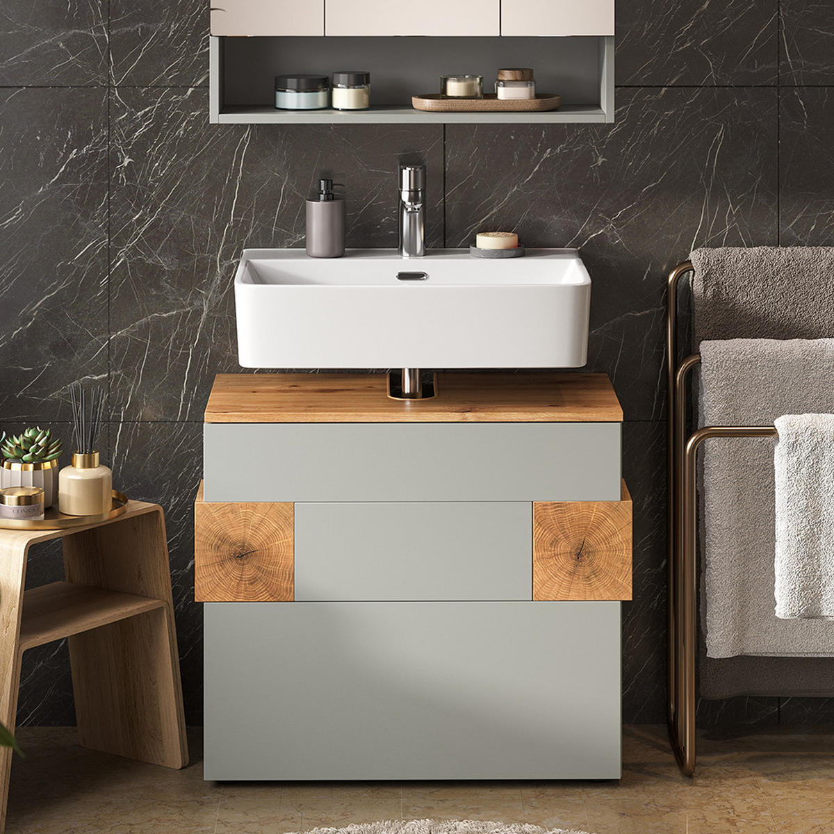 WASCHBECKENUNTERSCHRANK Eden Grau/Artisan 70 x 64.5 cm mit 2 Schubladen - Hellgrau/Grau, Holzwerkstoff (70/64.5/37cm) - Vicco
