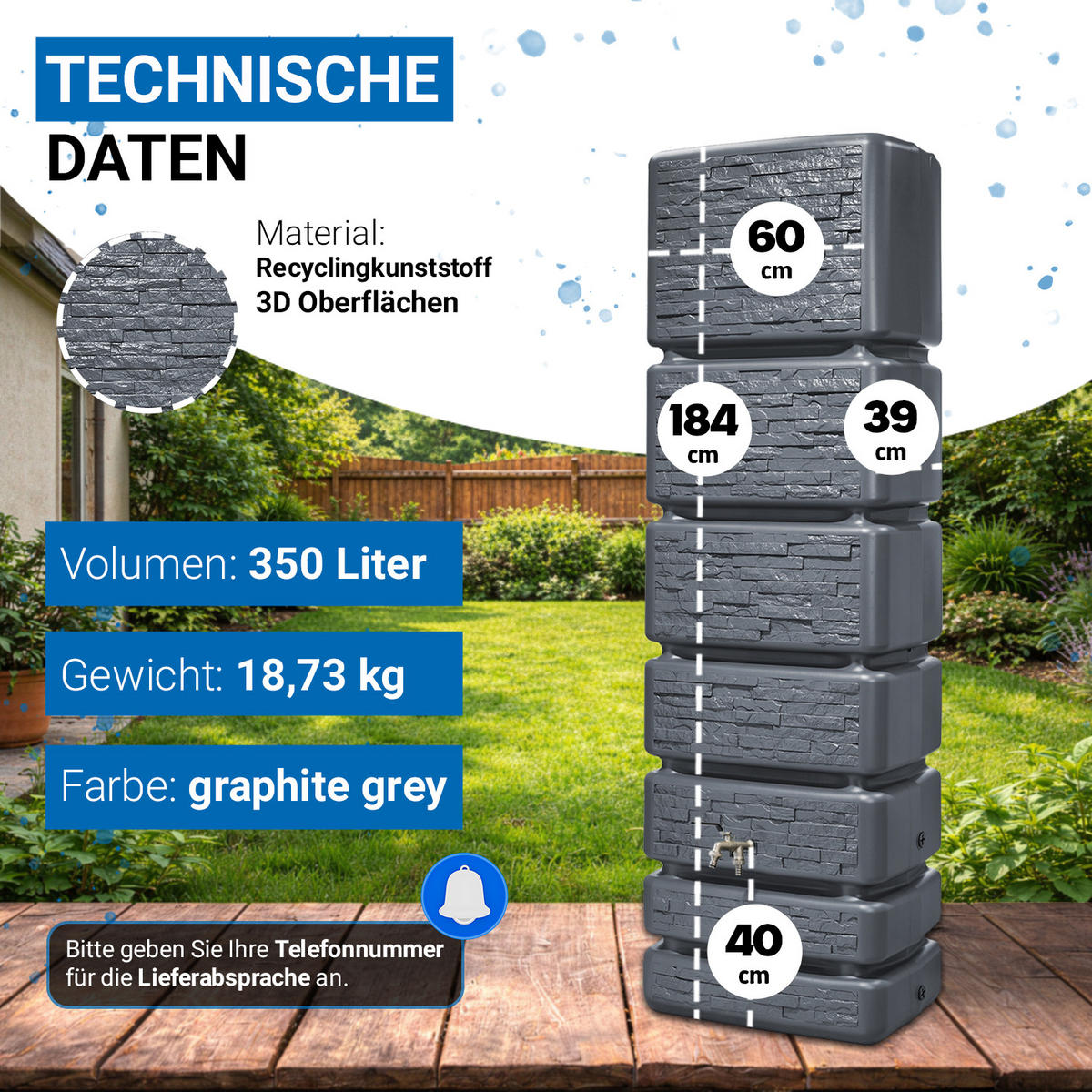 REGENTONNE Wandtank Komplett-Set 350 L, graphite grey inkl. Chrom-Doppelauslaufhahn und Fallrohranschluss - Grau, Kunststoff (39/184/60cm) - 4rain