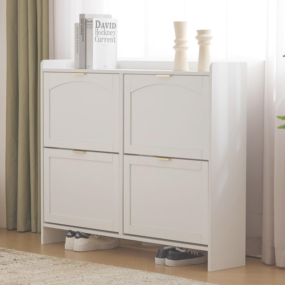 SCHUHSCHRANK Modern freistehend 4 Fächer Weiß 110x24x90cm - Weiß, Holzwerkstoff (24/90/110cm) - FLIEKS
