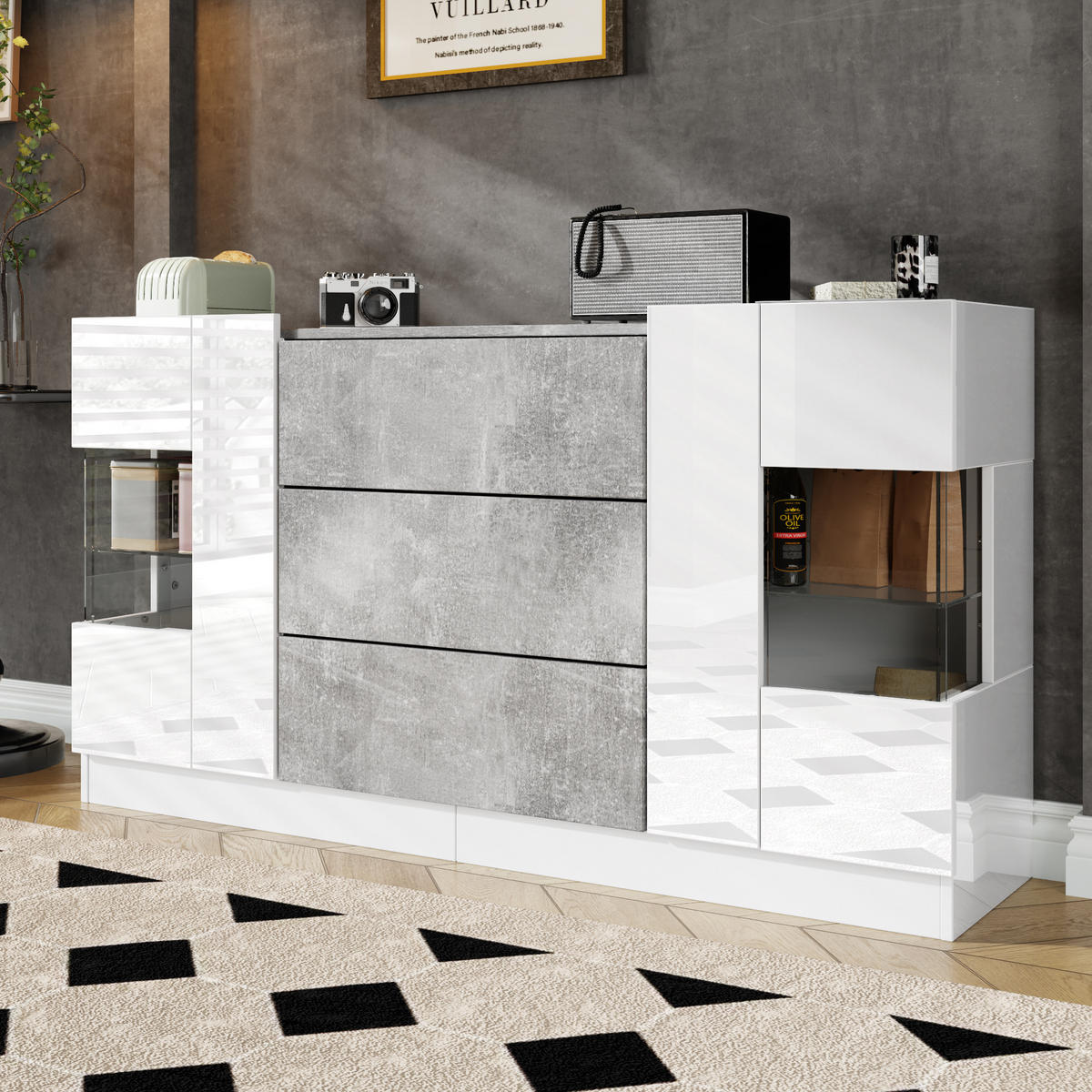 SIDEBOARD 140cm Hochglanz Weiß Marmor LED 2 Türen 3 Schubladen - Multicolor, Holzwerkstoff (35/75/140cm) - FLIEKS