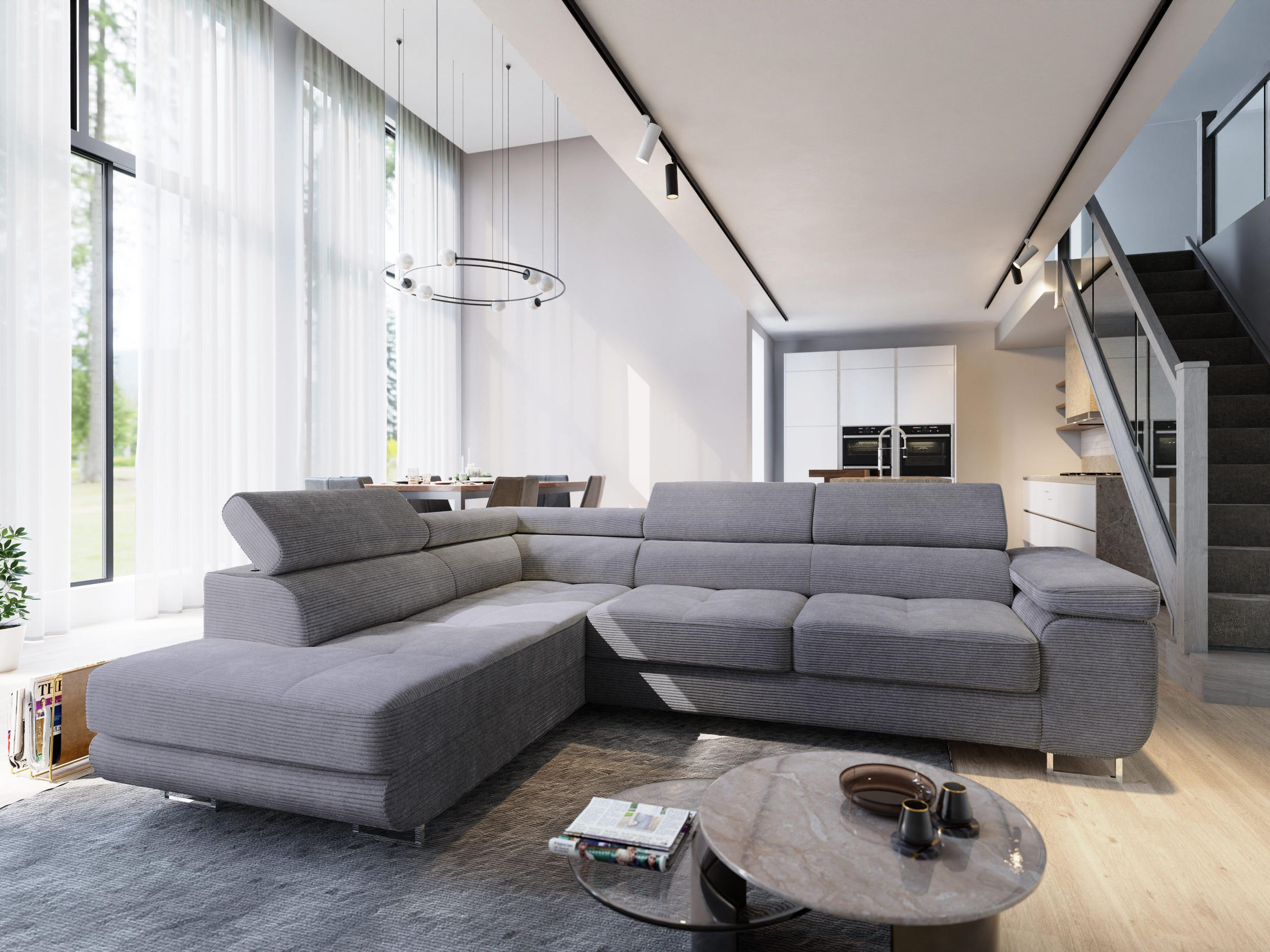 ECKSOFA APIRO L-S Grau Kordstoff mit Schlaffunktion - Grau, Holz (276/202cm) - MASSENO