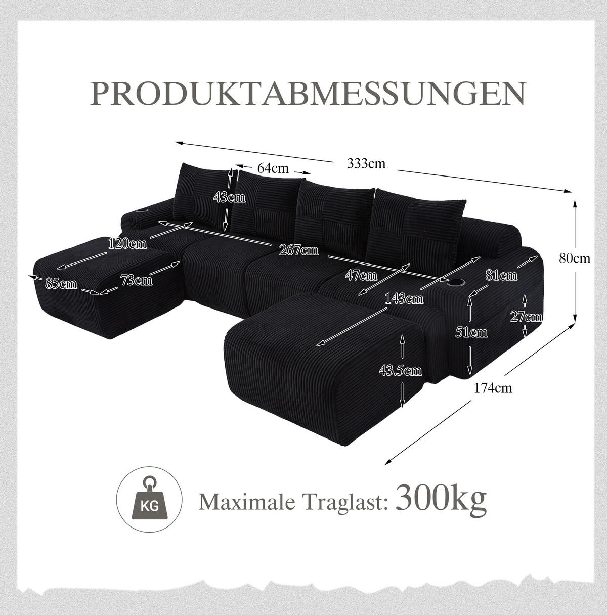 WOHNLANDSCHAFT 4-Sitzer mit 2 Hockern Getränkehalter und Seitentasche 333/174/80 cm Schwarz - Schwarz, Textil (174/80/333cm) - Redom