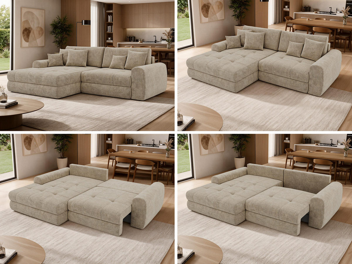 ROHOVÁ SEDAČKA ARELIA L - Béžová Hrubě tkaná žinylka - Pravá - černá/béžová, textil/plast (205/292cm) - MKS