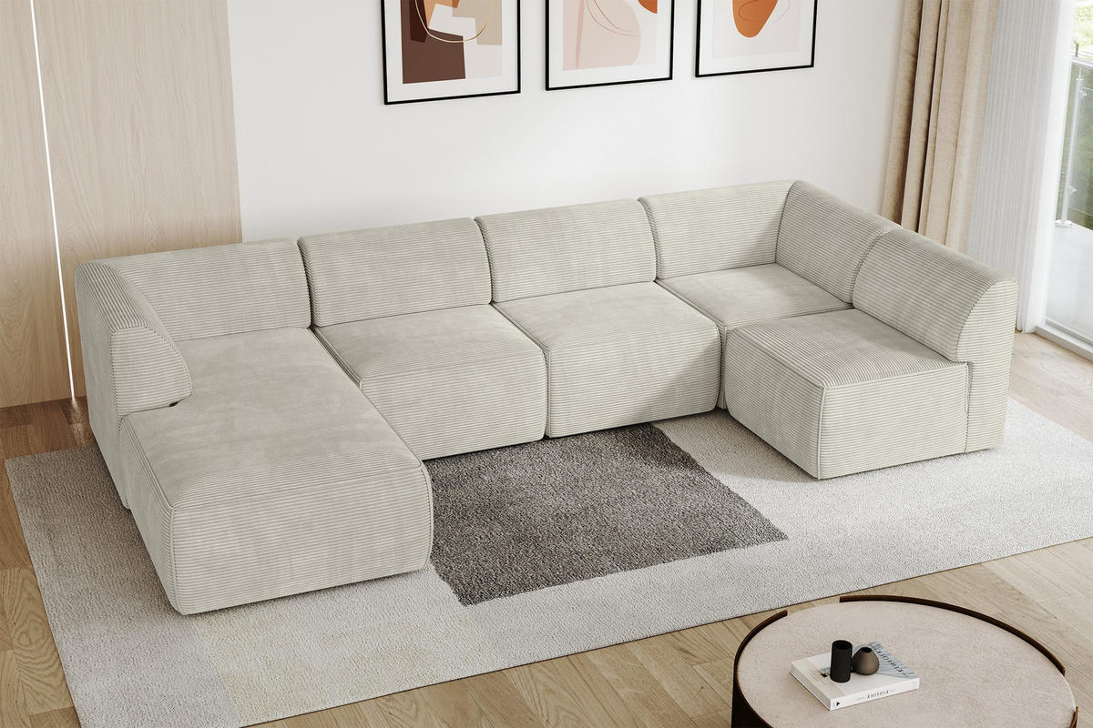 WOHNLANDSCHAFT Ottomane Links MOVA 345x180x78 Creme Cord - Creme/Schwarz, Holzwerkstoff/Kunststoff (180/78/345cm) - ALTDECOR