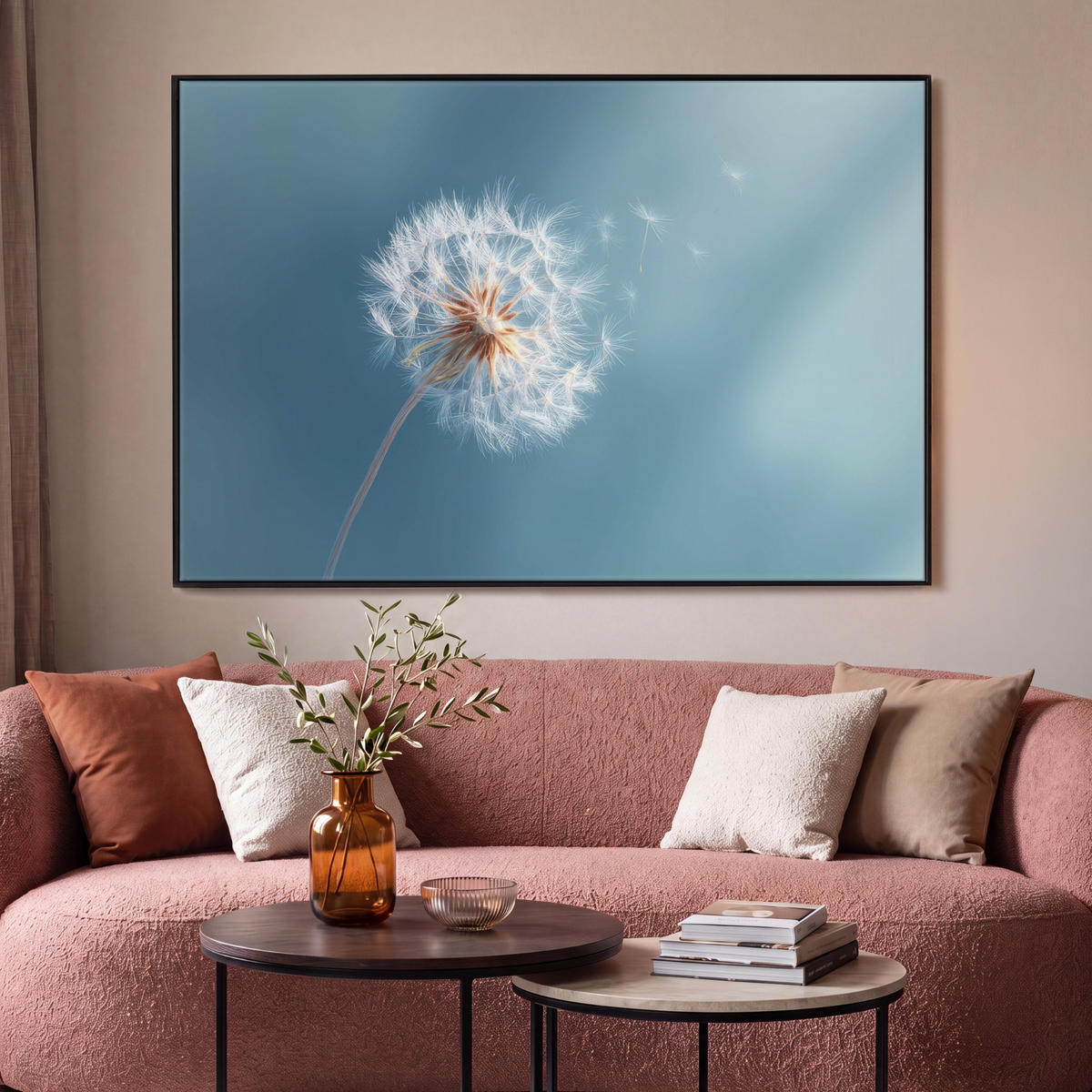 LEINWAND Bilder mit Rahmen - Löwenzahn - Wind - Blau - 150x100 - Blaugrau, Textil (150/100cm) - MuchoWow
