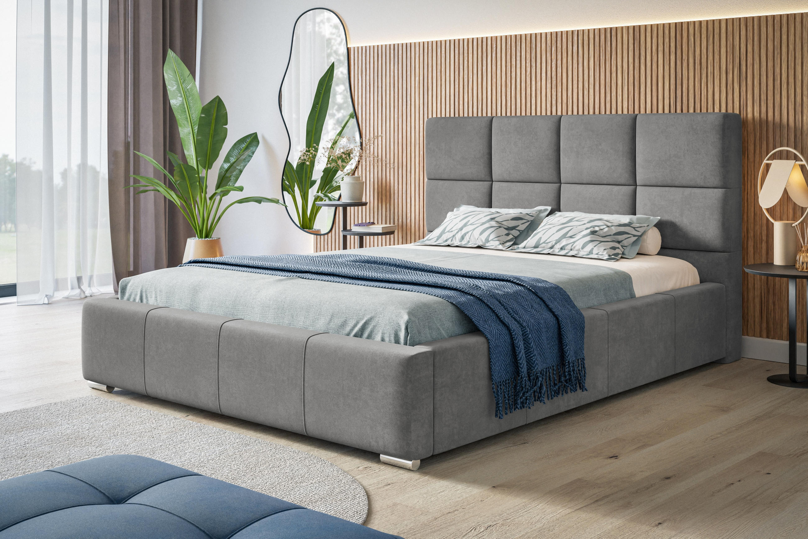 POLSTERBETT Rom, 180x200 cm, mit Bettkasten und Lattenrost aus Holz, Velourstoff, Farbe: Grau - Grau, Holz/Kunststoff (180/200cm) - Alpi-Möbel