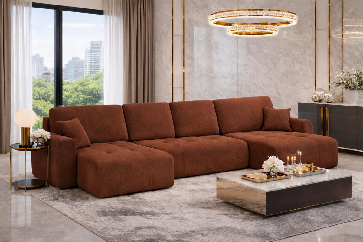 ECKSOFA Mit Schlaffunktion Und Bettkasten U-Form Ivo U, Veloursstoff Salvador, Dunkelbraun - Dunkelbraun, Holz (342/142cm) - Kaiser Möbel