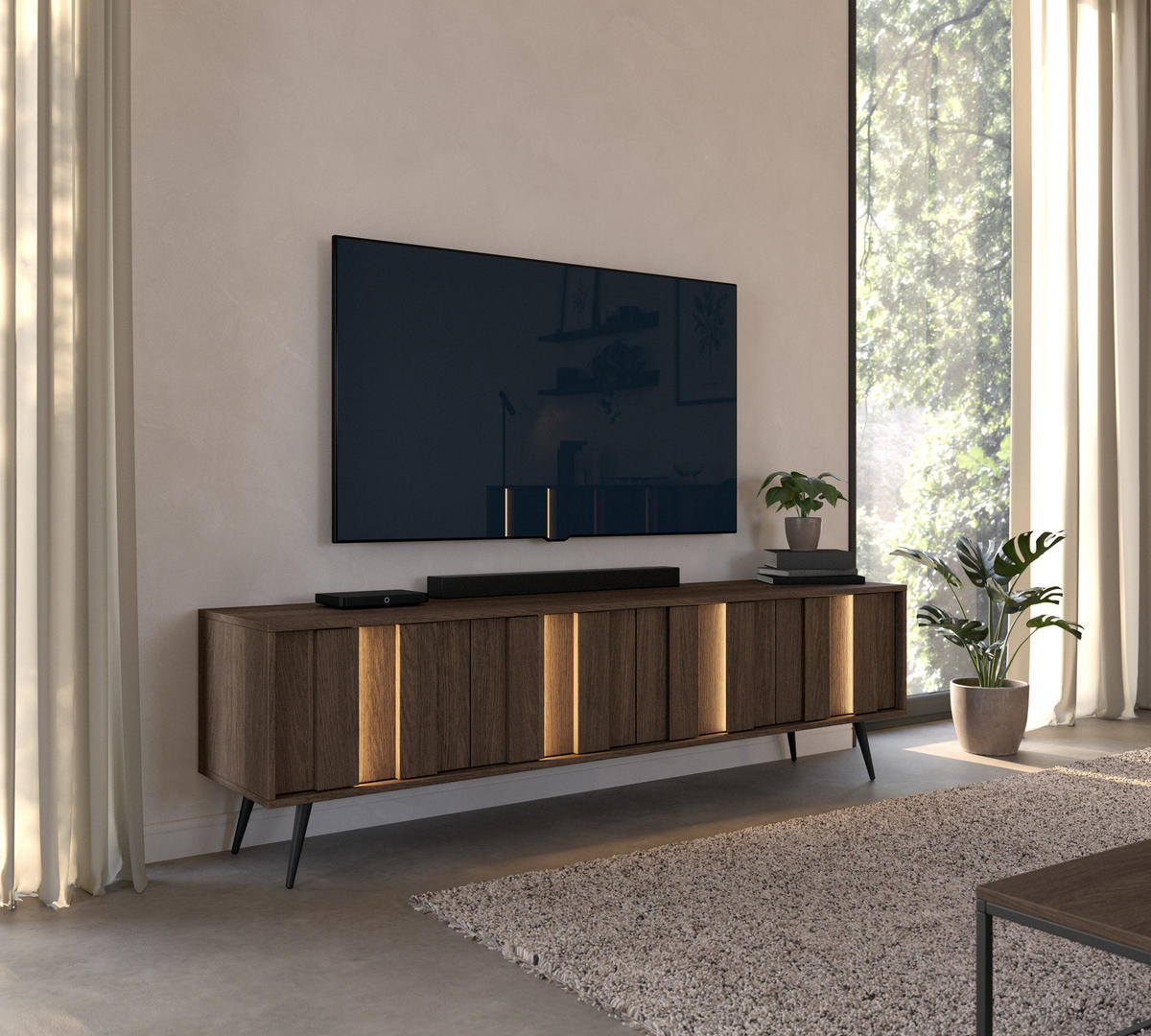 TV-LOWBOARD LUPO 183 cm Eiche Dunin - mit 4 Türen, LED und Metallfüßen - Eichefarben/Schwarz, Holz/Holzwerkstoff (183/54/40cm) - Ravio