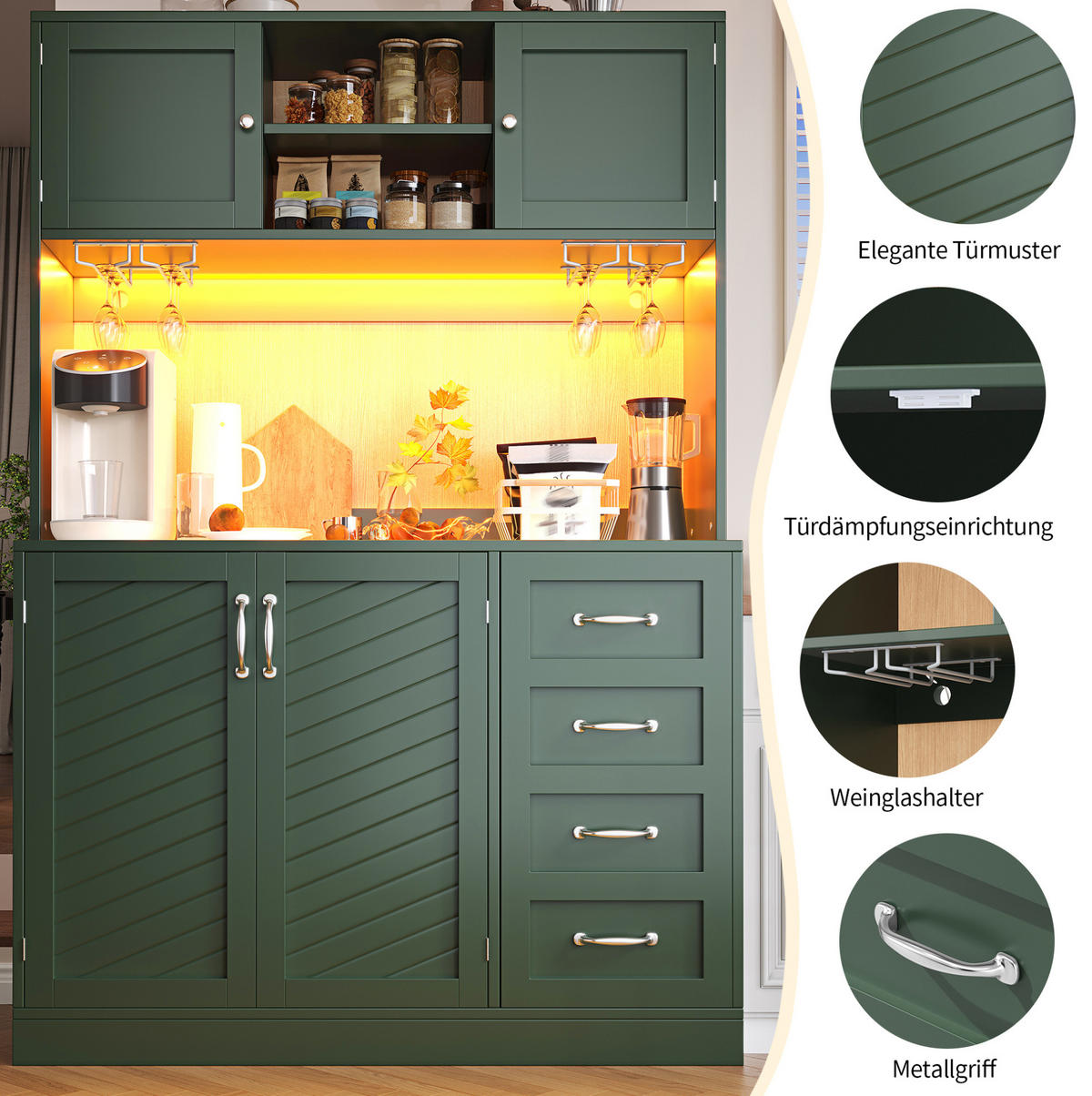 BUFFET 120/188/40 cm Grün aus MDF mit LED-Beleuchtung - Grün, Holzwerkstoff (40/188/120cm) - OKMYHOME