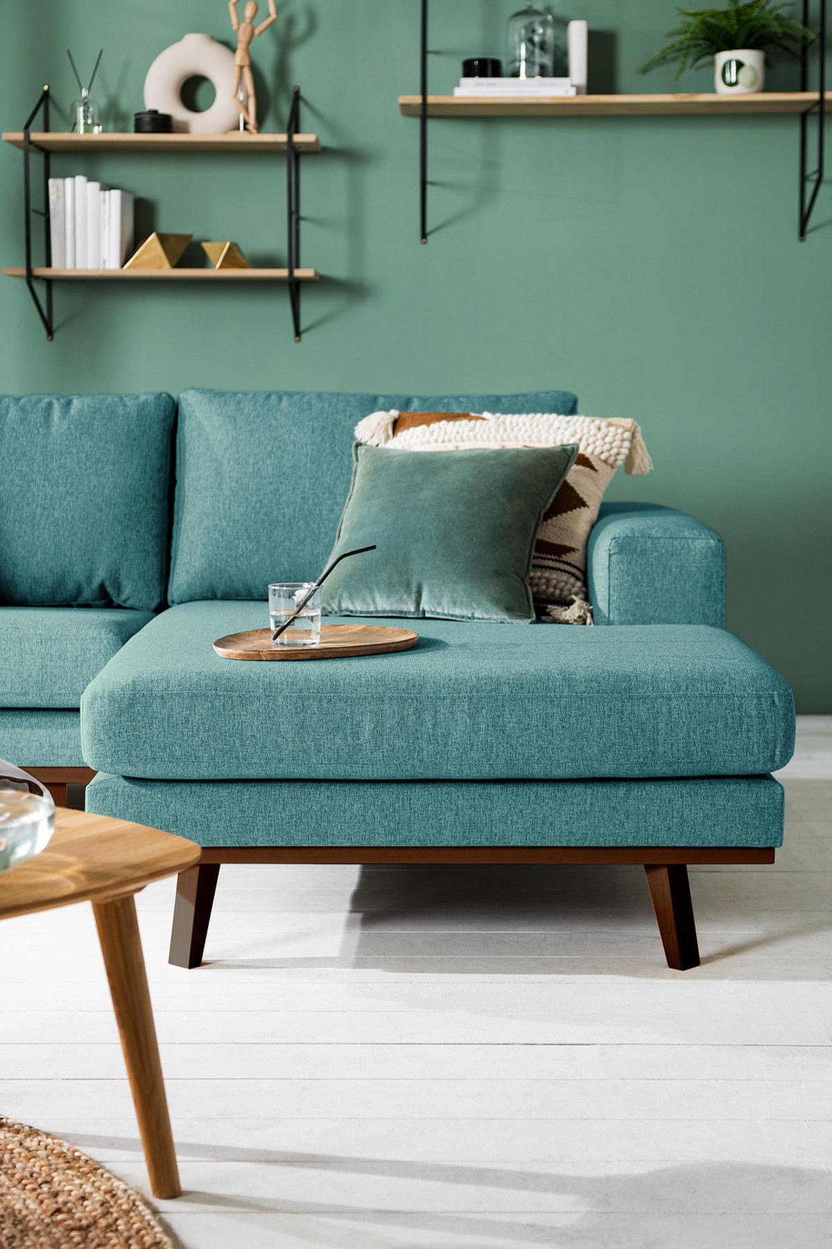 WOHNLANDSCHAFT mit Longchair - Buchefarben/Petrol, Buchenholz/Textil (371/81/219cm) - home24