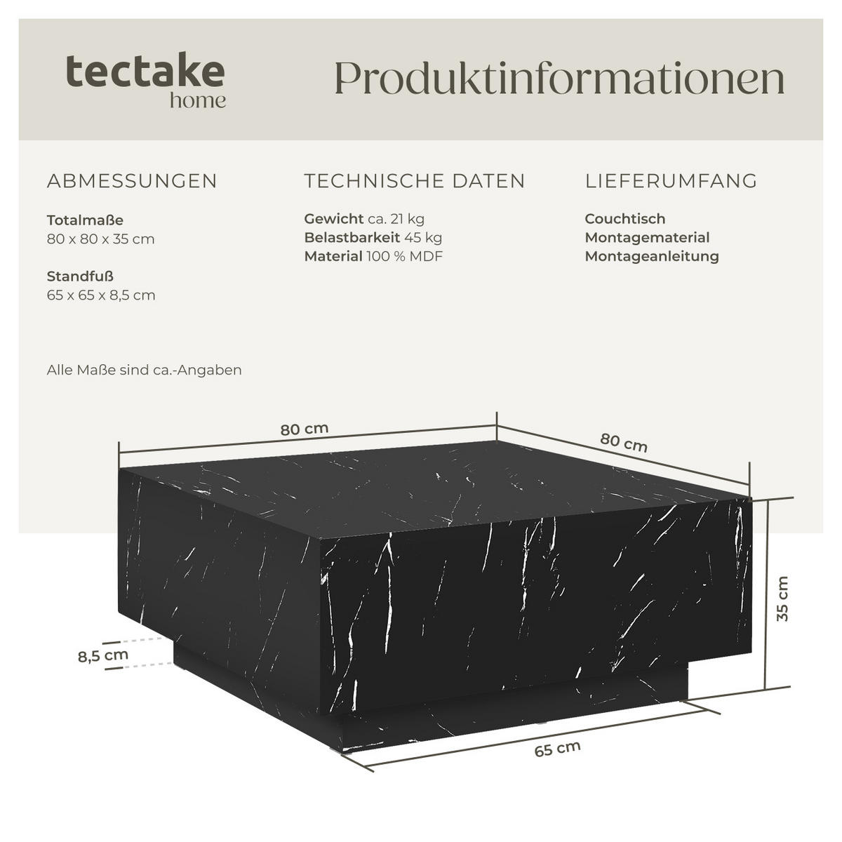 COUCHTISCH Lasley,80 x 80 x 35 cm,Marmor Optik schwarz - Schwarz, Holz (80/80/35cm) - tectake