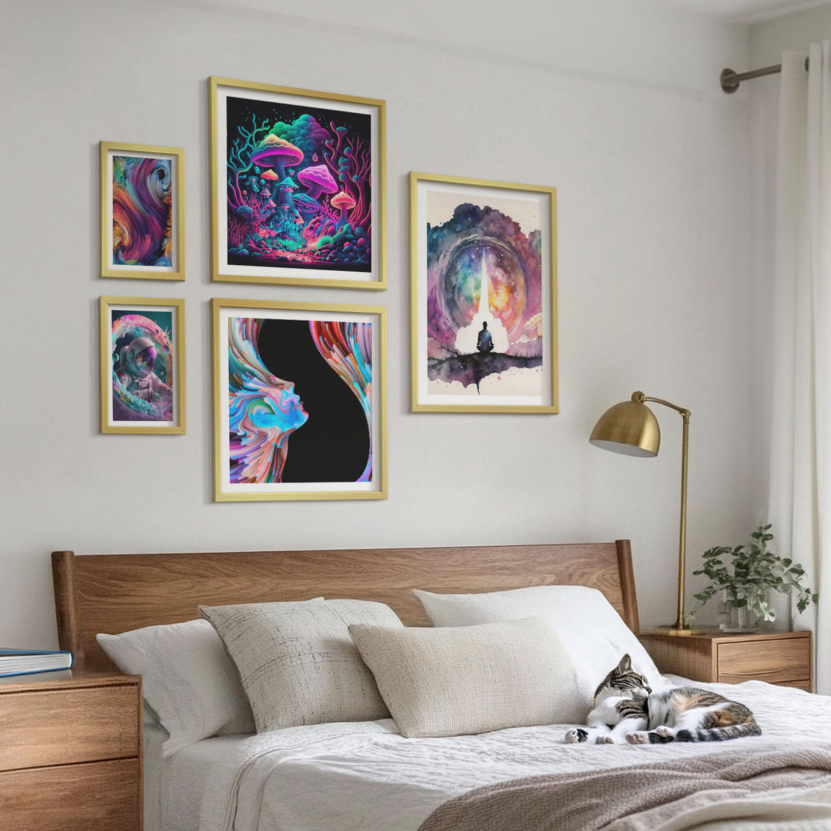BILDER SET 5er Set - 50x50 cm & 20x30 cm & 40x60 cm Goldrahmen - Farbenfrohe Fantasy-Kunstillustrationen - Goldfarben, Kunststoff (40/60cm) - TULUP