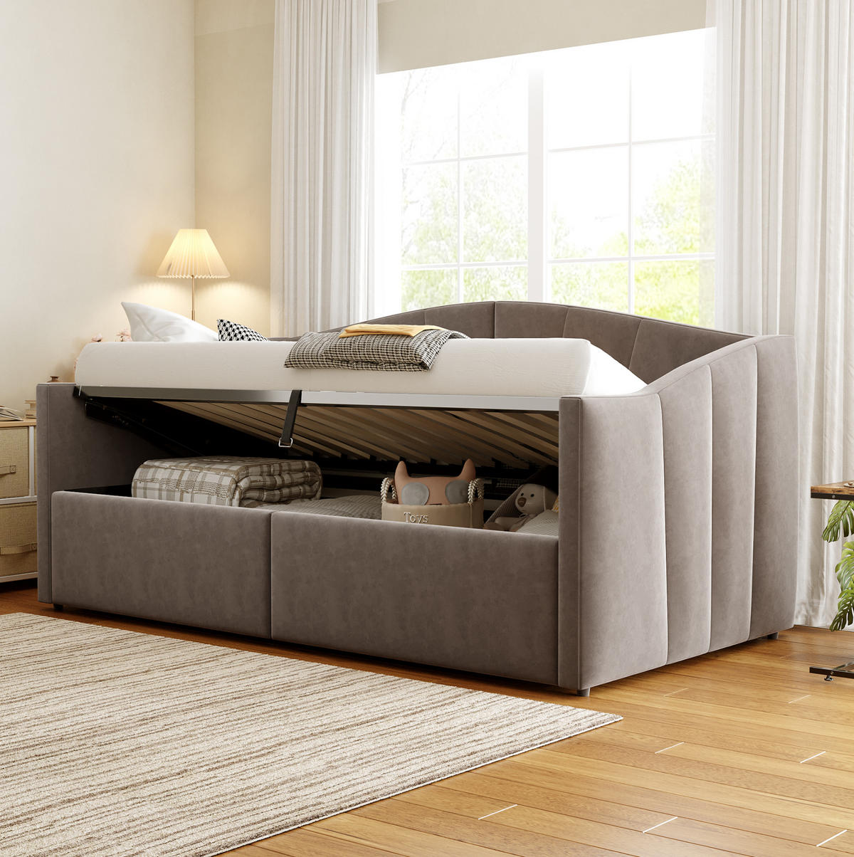 SAMT-POLSTERBETT 90/200 cm mit Bettkasten und Armlehnen in Grau - Grau, Textil (90/200cm) - BEAOK