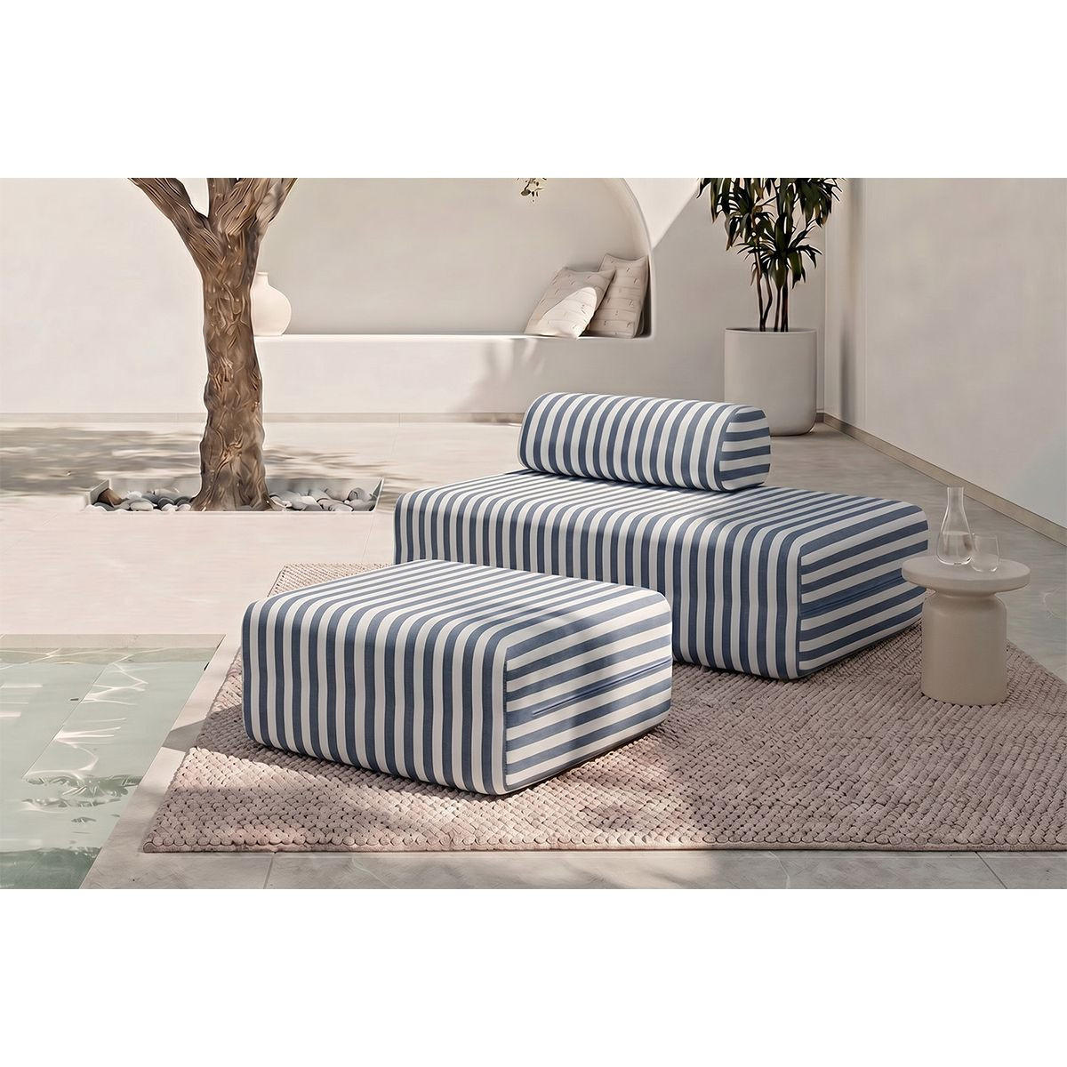 OUTDOOR-POUF mit Streifen, weiß und dunkelblau - Dunkelblau, Textil (95/42/95cm)