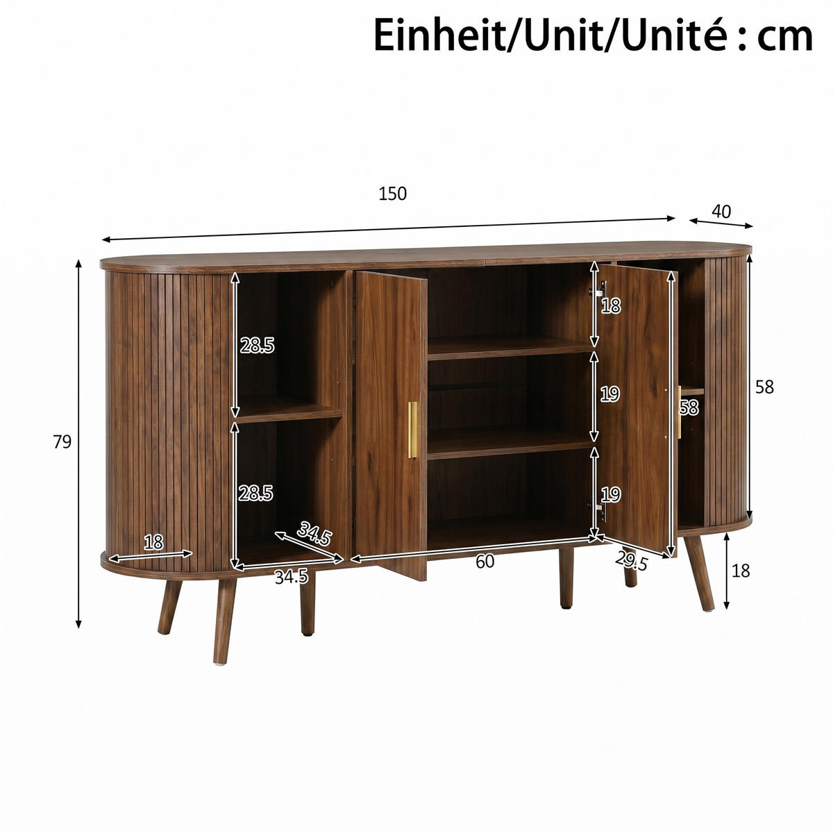 KOMODA Posuvná dvířka Rýhovaný design Moderní - barva vlašského ořechu, kompozitní dřevo (150/79/40cm) - FLIEKS