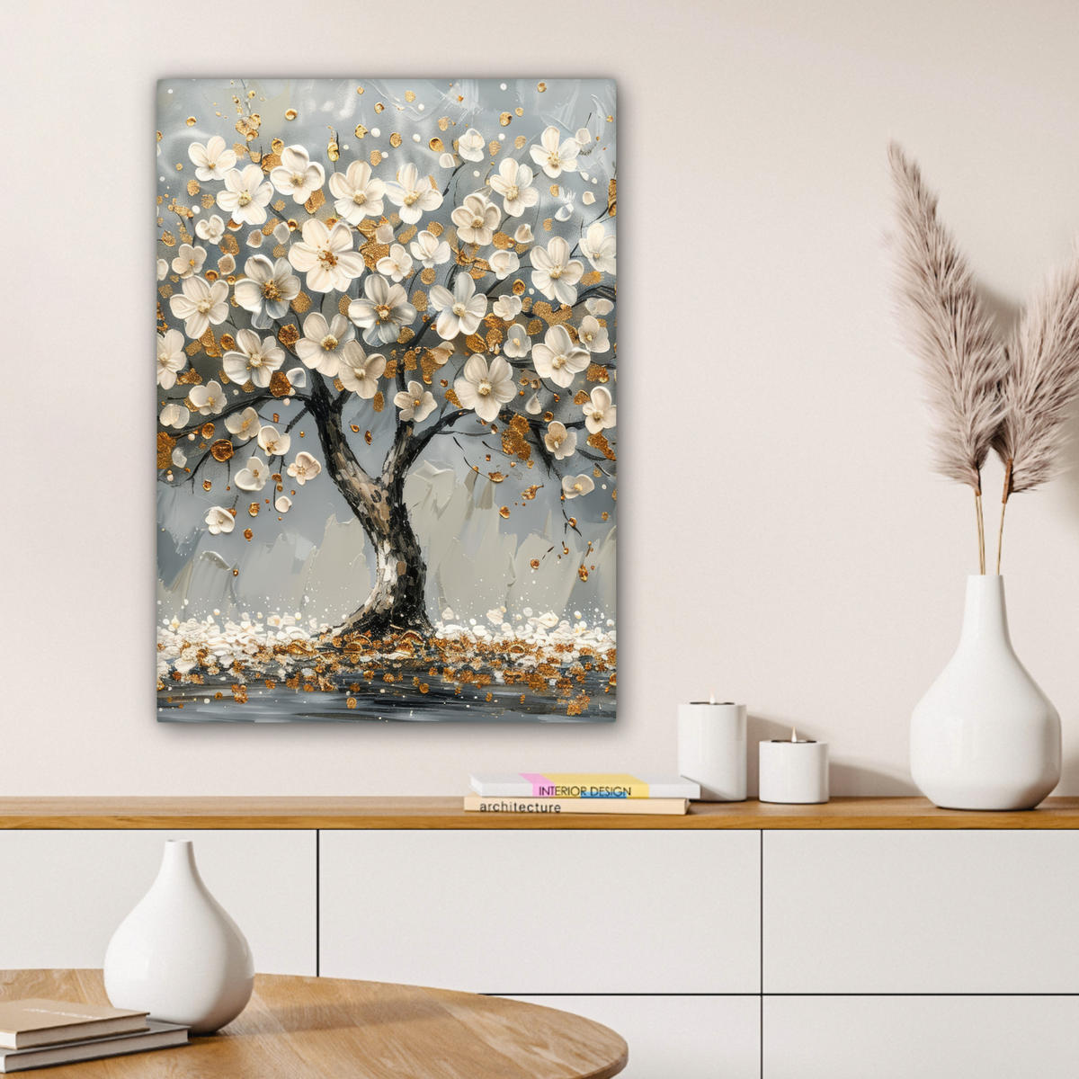 LEINWANDBILD Baum - Blumen - Weiß - Natur - Kunst Wandbild Wohnzimmer 60x80 cm - Weiß, Textil (60/80cm) - MuchoWow