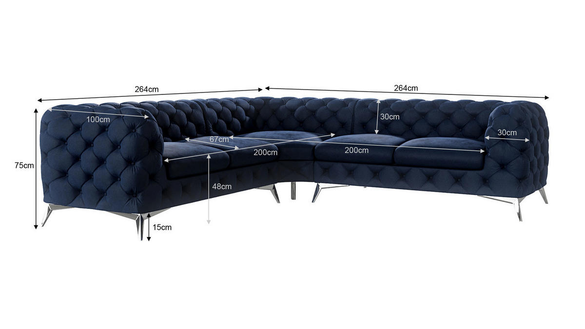 ECKSOFA Chesterfield Laura Marineblau Samt - Silberfarben/Dunkelblau, Holz/Textil (264/264cm) - S-Style Möbel