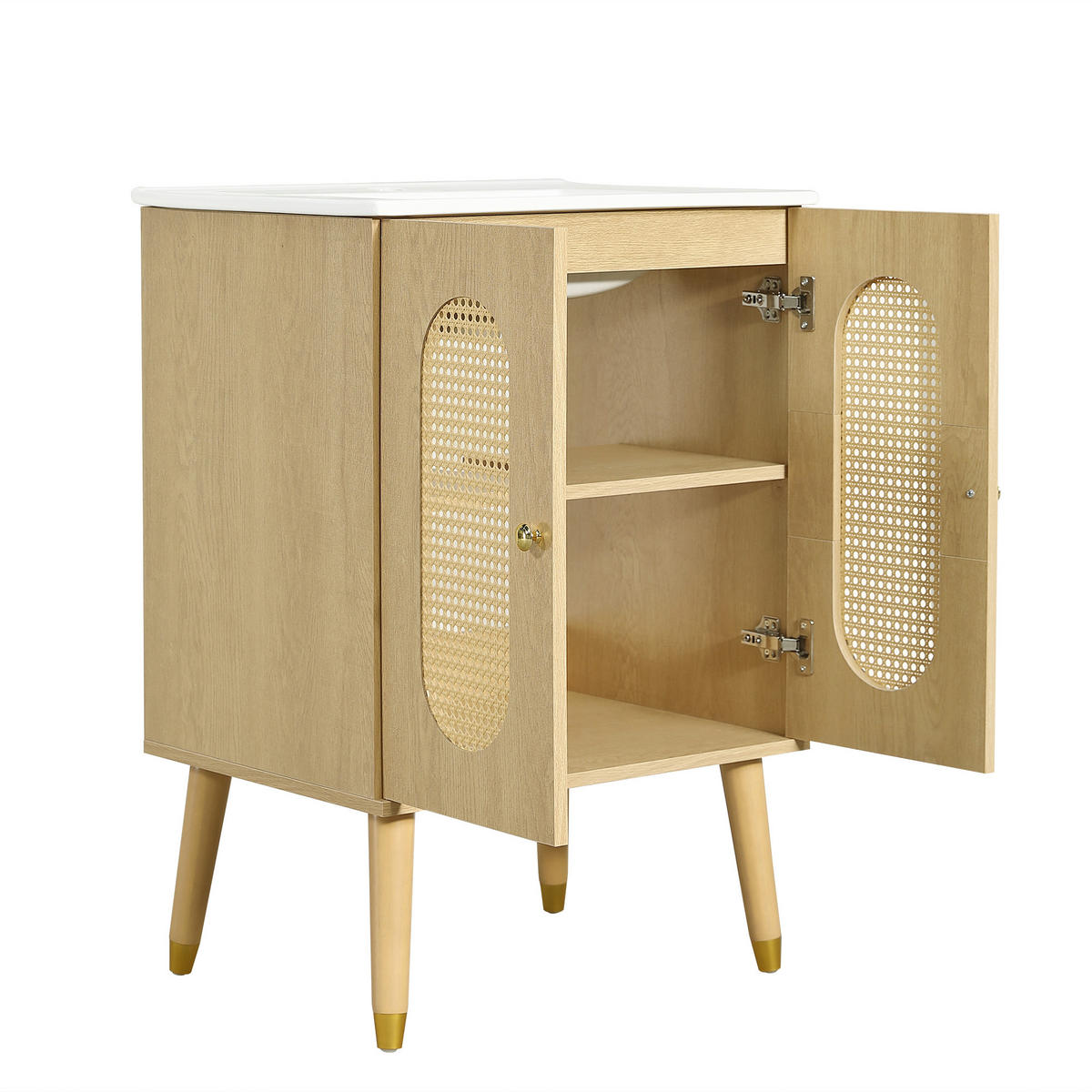 BADEZIMMERSCHRANK Rattan Türen Holzoptik Stauraum 61cm - Naturfarben, Keramik (61/89/47cm) - FLIEKS