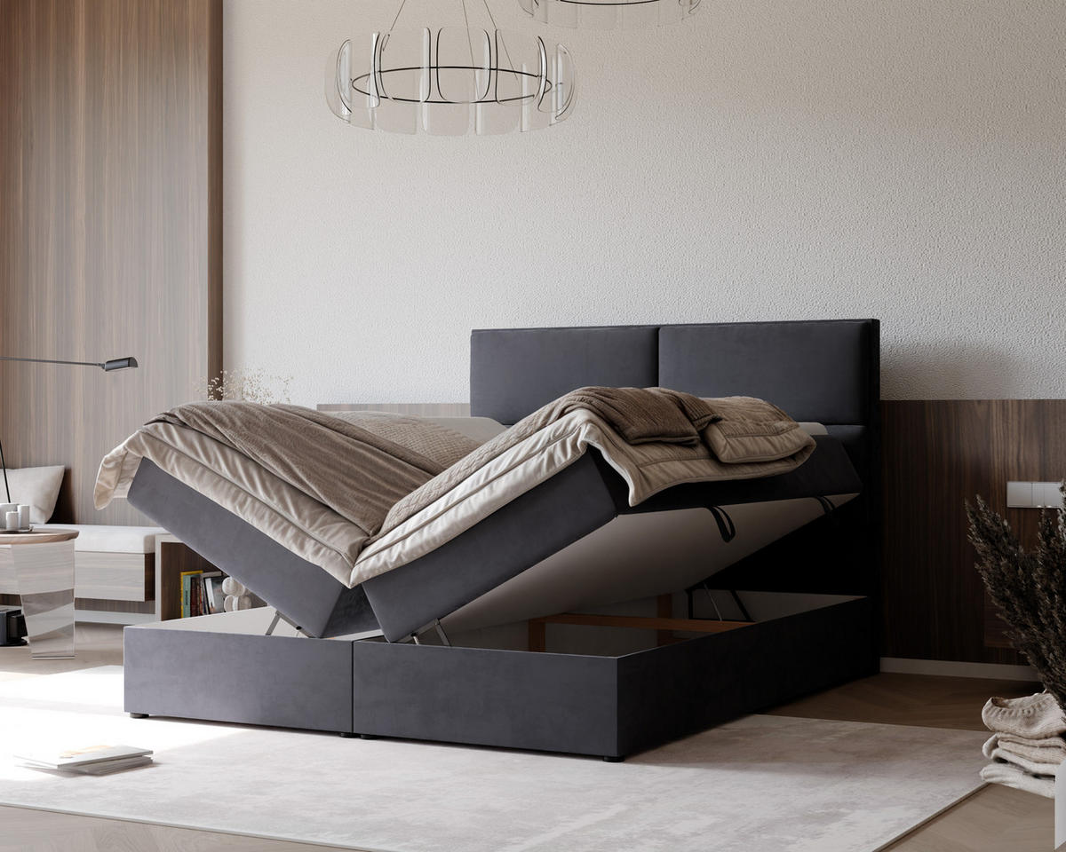 BOXBETT ORFEO 160/200 cm mit Matratze und Topper, Dunkelgrau - Anthrazit, Holzwerkstoff/Textil (160/200cm) - Idohome