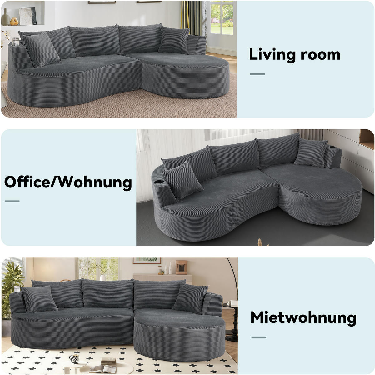 3-SITZER ECKSOFA Cord Grau mit Getränkehaltern und Kissen - Grau, Textil (264/168cm) - WISHDOR