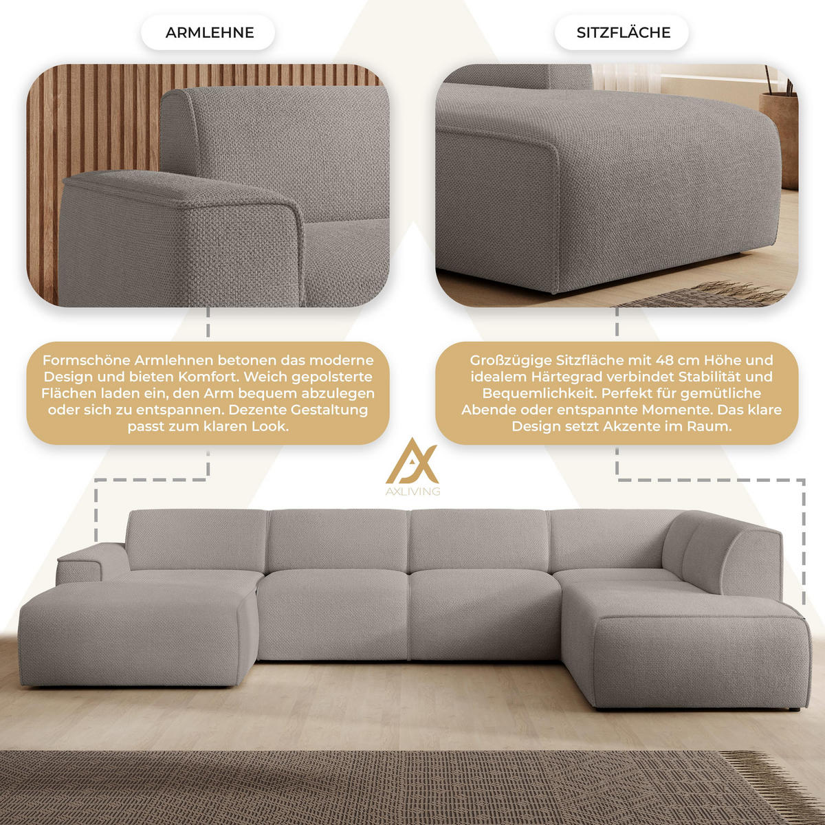 WOHNLANDSCHAFT Didim Beige 378/220/78 cm – großes Sofa stilvoll & bequem R - Beige/Schwarz, Kunststoff/Textil (378/78/220cm) - AX Living