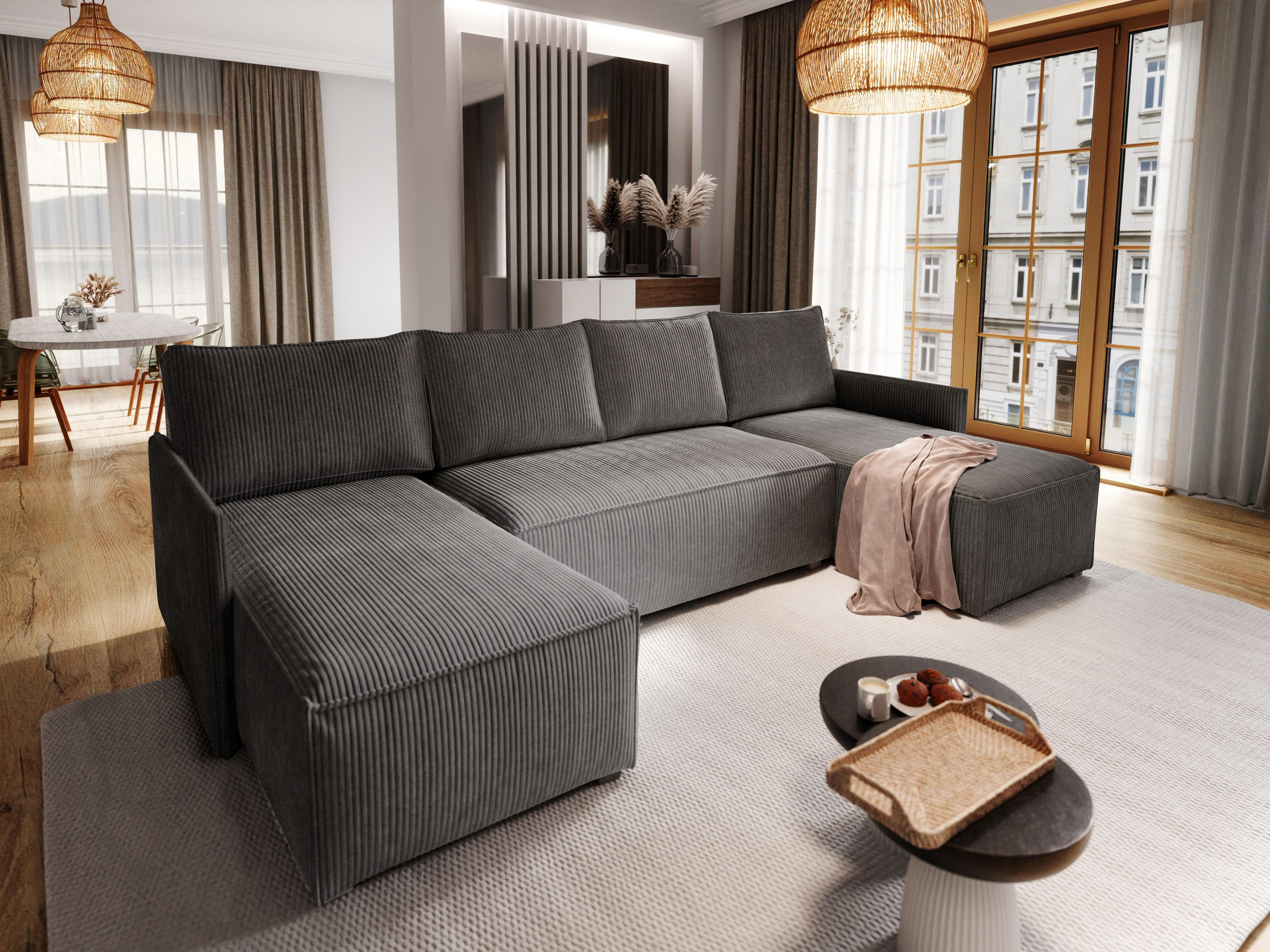 WOHNLANDSCHAFT TRES Graphitfarben Kordstoff mit Schlaffunktion - Graphitfarben, Holz (271/85/140cm) - MASSENO