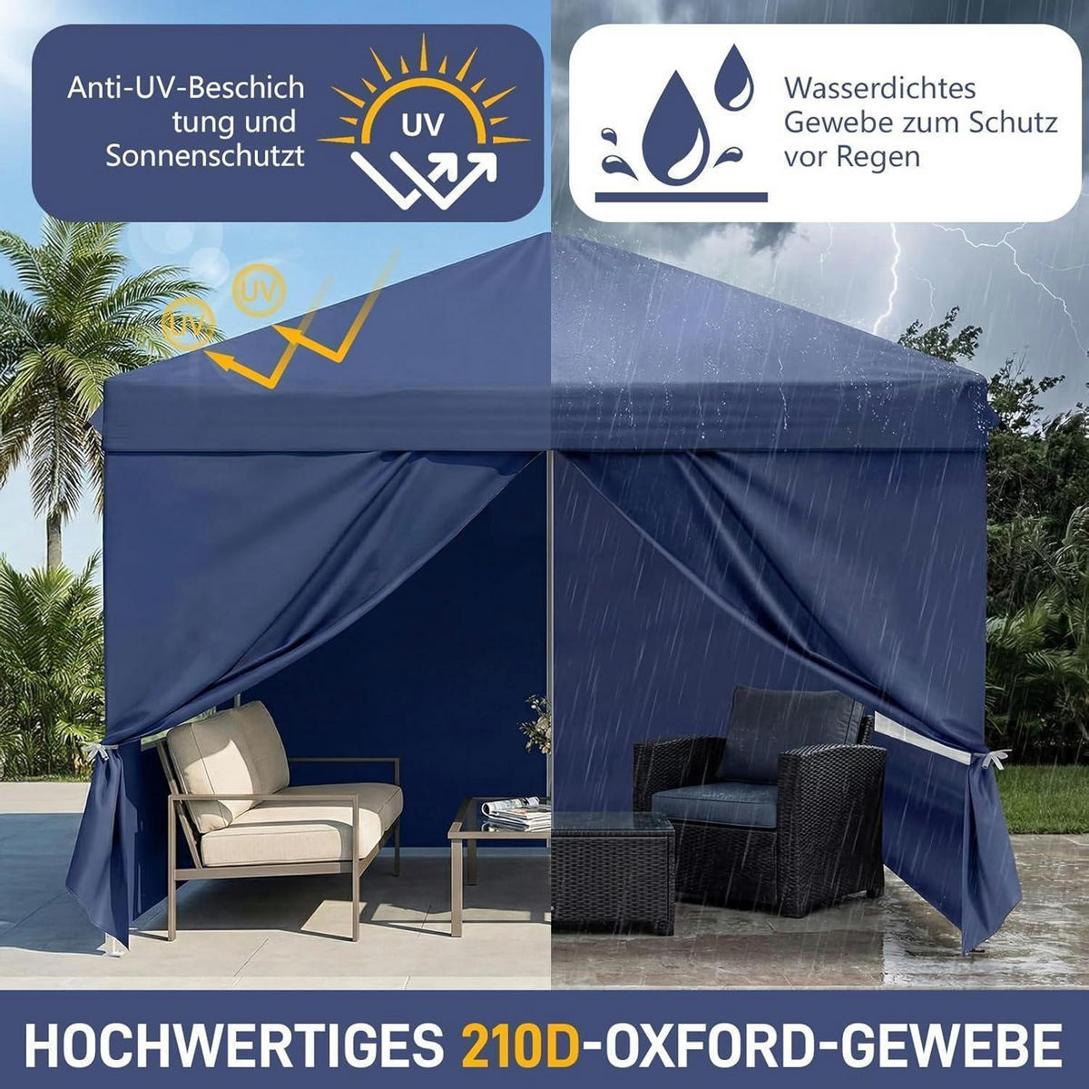FALTPAVILLON 3 x 3 m mit 4 Seitenteilen blau - Blau, Textil (300/255/300cm)