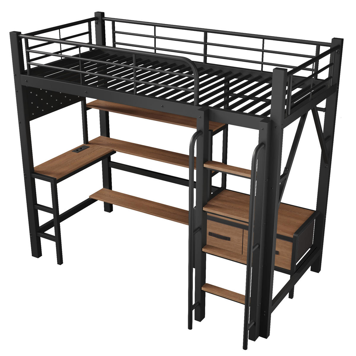 HOCHBETT 90/200 cm mit Eisenrahmen Schwarz, Schreibtisch, Lochwand und LED-Licht - Schwarz, Metall