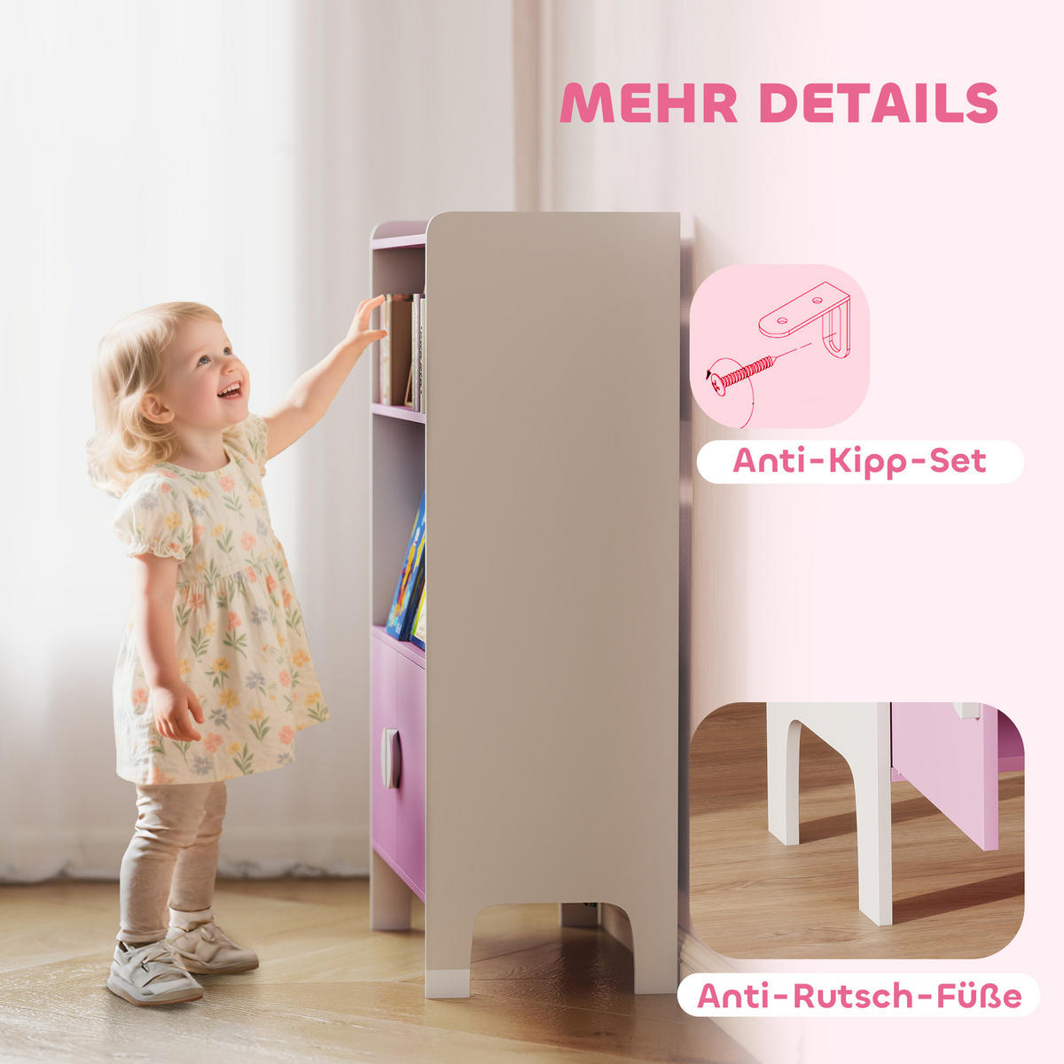 BÜCHERREGAL Kinderregal mit 2 Ablagen und 2 Schranktüren - Weiß/Rosa, Holzwerkstoff (35/100/60cm) - AIYAPLAY