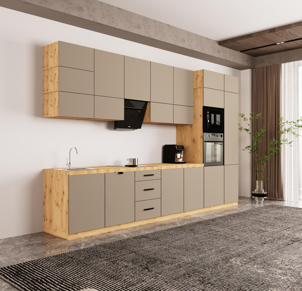 KÜCHENZEILE 400 cm - Langen KL21-M400 - in Beige/ Matt - Beige, Holz (400/212/58cm)