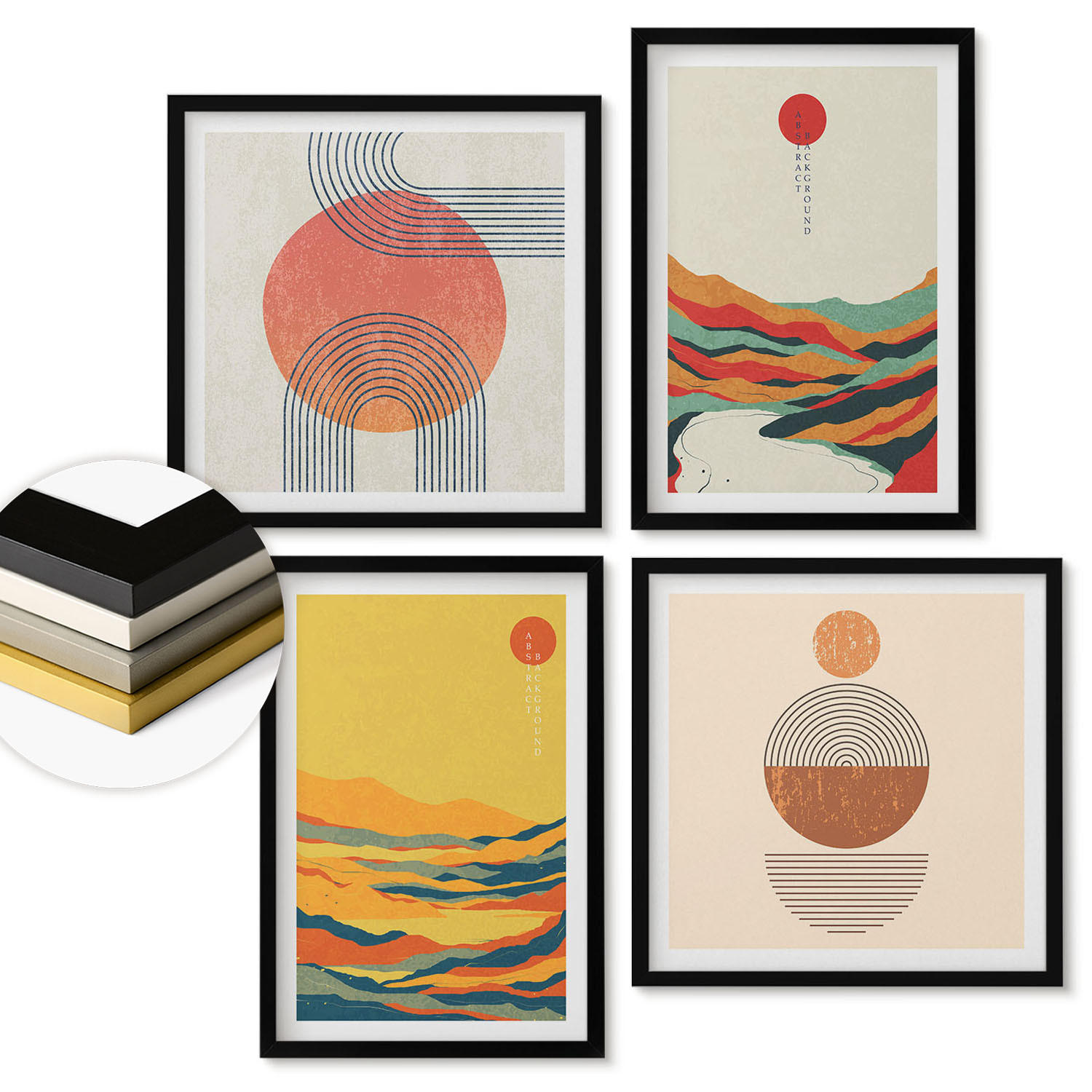 WANDBILDER 4er-Set - 50x50 cm & 40x60 cm Schwarzer Rahmen - Farbenfrohe Muster der Japandi-Flussberge - Schwarz, Kunststoff (50/50cm) - ArtPrintCave