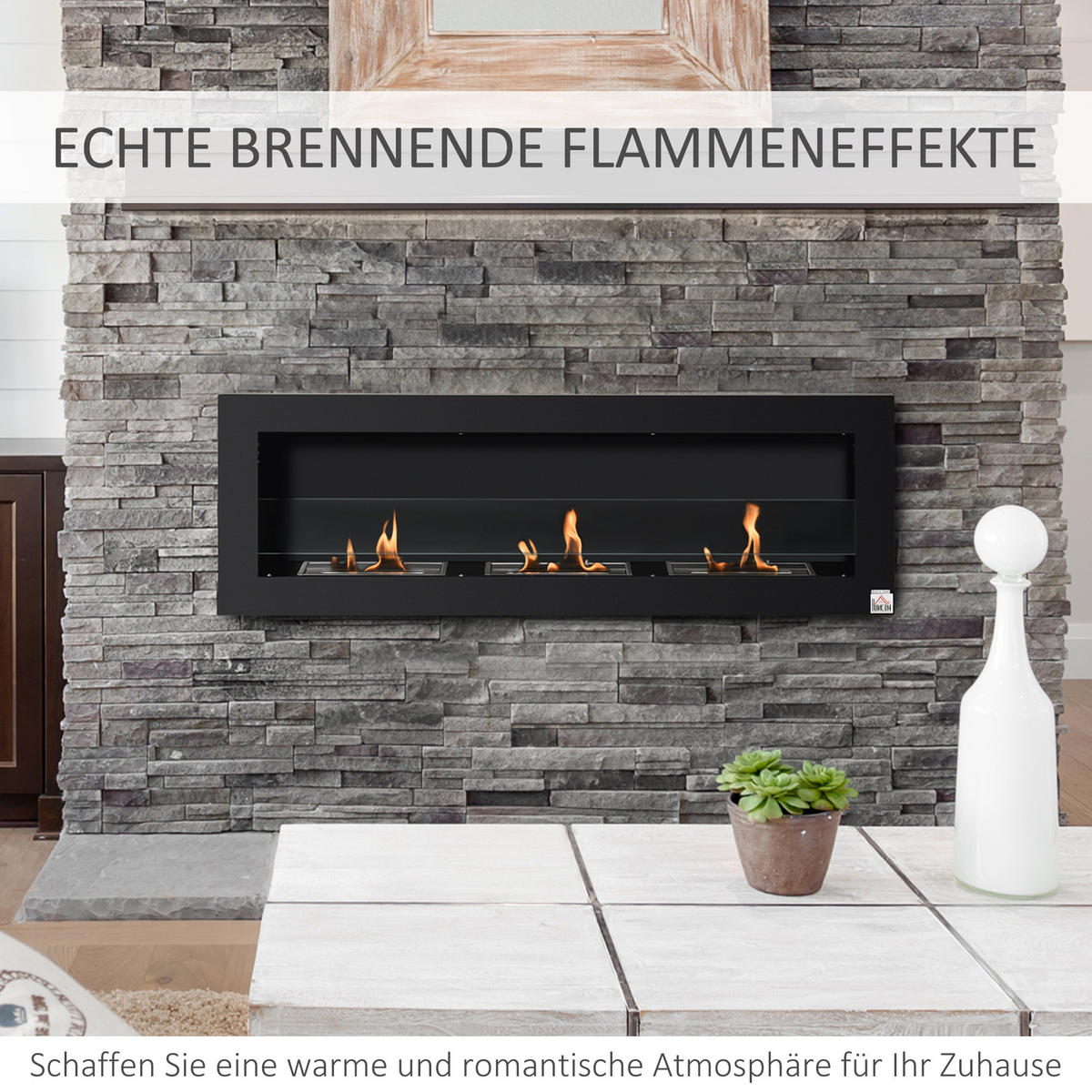 ETHANOL-KAMIN, 3 Brennboxenm, 2000W, kein Rauch, Stahl, gehärtetes Glas, Schwarz - Schwarz, Metall (15/40/120cm) - HOMCOM