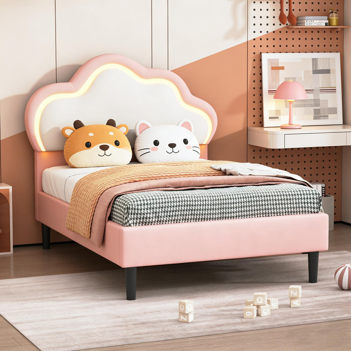 POLSTERBETT 90x200 cm mit verstellbarem Kopfteil & RGB-LED-Bettrahmen – Kinderbett / Einzelbett - Pink, Holz/Metall (90/200cm) - BursDany