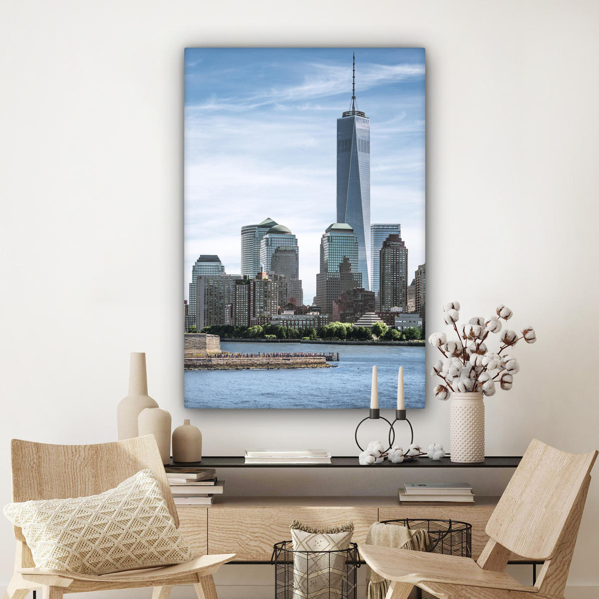 LEINWANDBILD New York - Freiheitsstatue - Wasser Deko Groß 90x140 cm - Hellblau, Textil (90/140cm) - MuchoWow