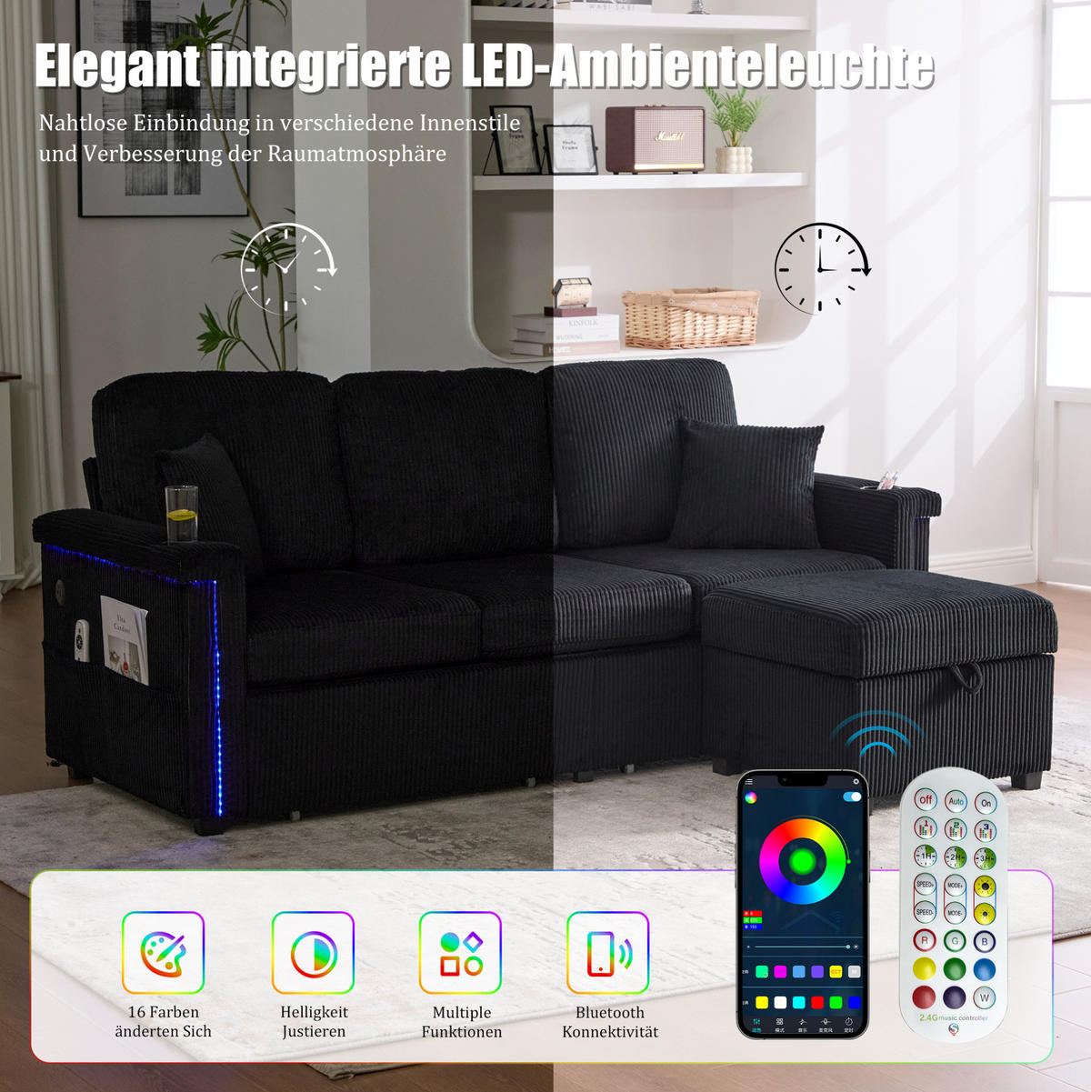 ECKSOFA Corduroy mit LED und USB-Anschluss Stauraum-Schubladen 194/73/81 cm Schwarz - Schwarz, Textil (73/194cm) - Redom
