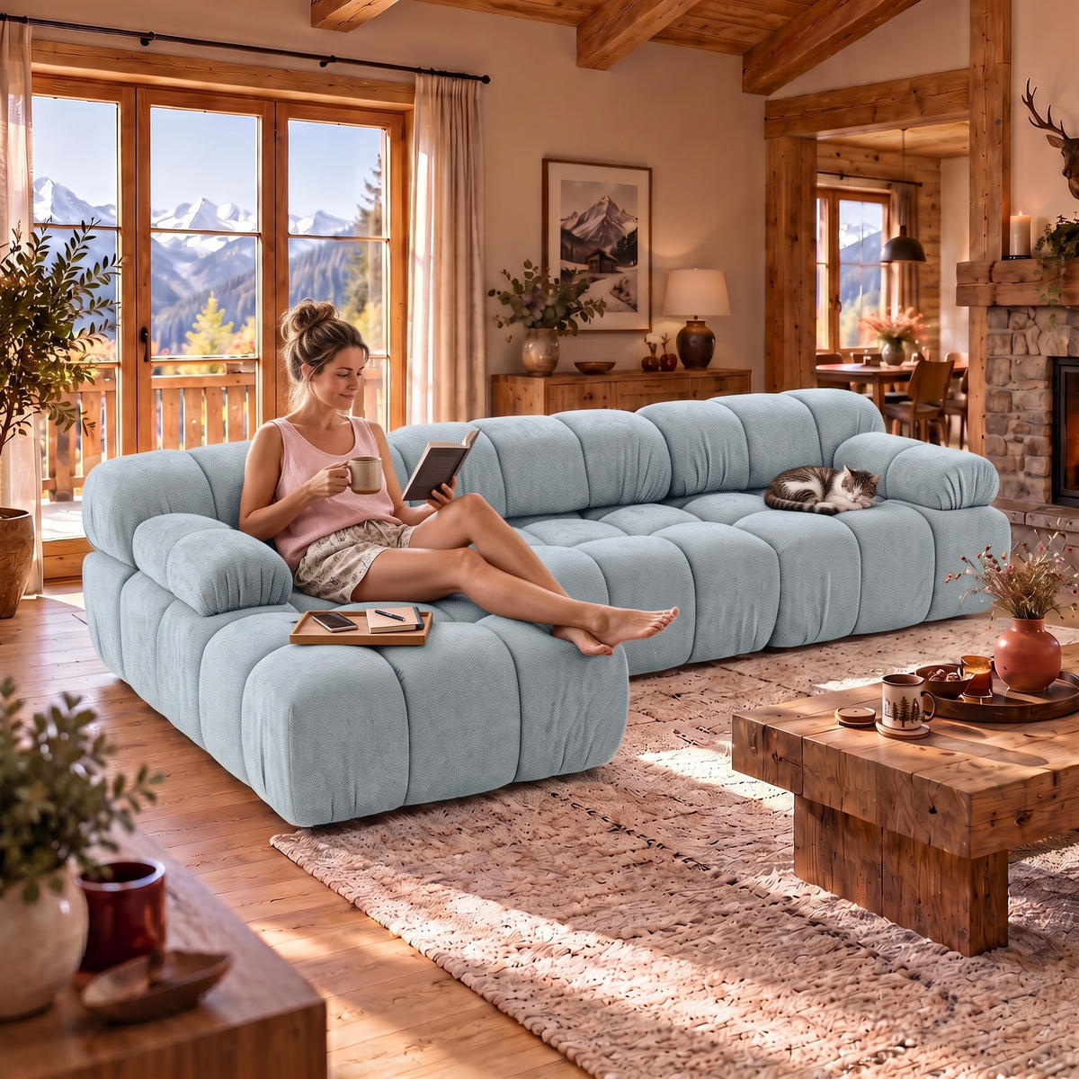 MODULARES Ecksofa MOMENTUM L, Links, Breite 282 cm, strukturierter Stoff, Hellblau - Chromfarben/Hellblau, Holz/Textil (282/155cm) - Muffo