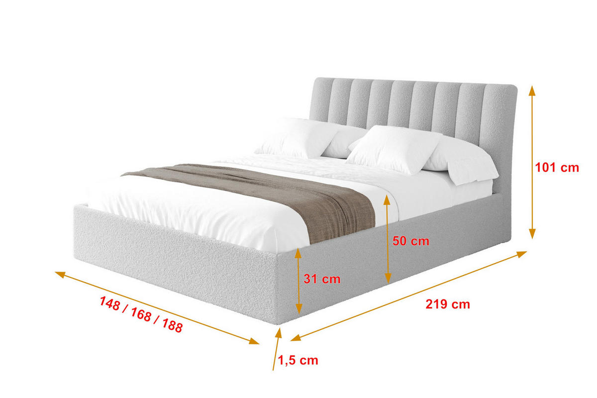 POLSTERBETT mit Bettkasten und Lattenrost, Boxbett ohne Matratze - ILAN 180x200 Hellgrau - Silberfarben, Holzwerkstoff/Textil (180/200cm) - ALTDECOR