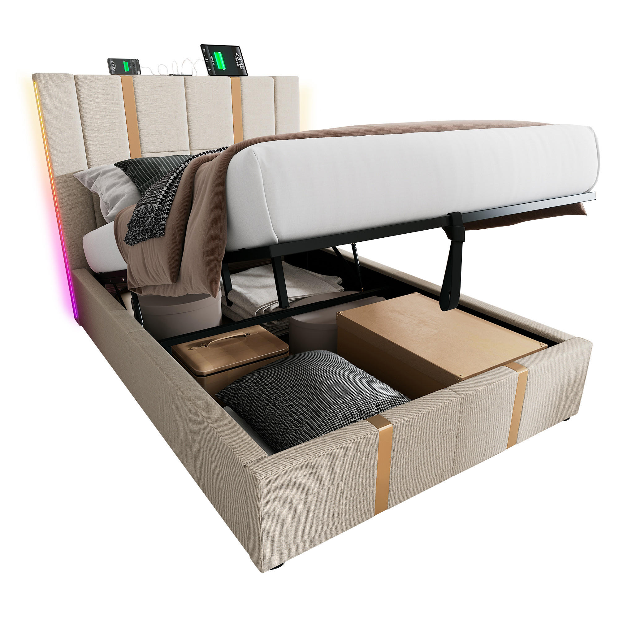 POLSTERBETT 90/200 cm in Beige mit Bettkasten, LED, USB und Type-C Leinen - Beige, Holzwerkstoff/Textil (90/200cm) - STILVORA