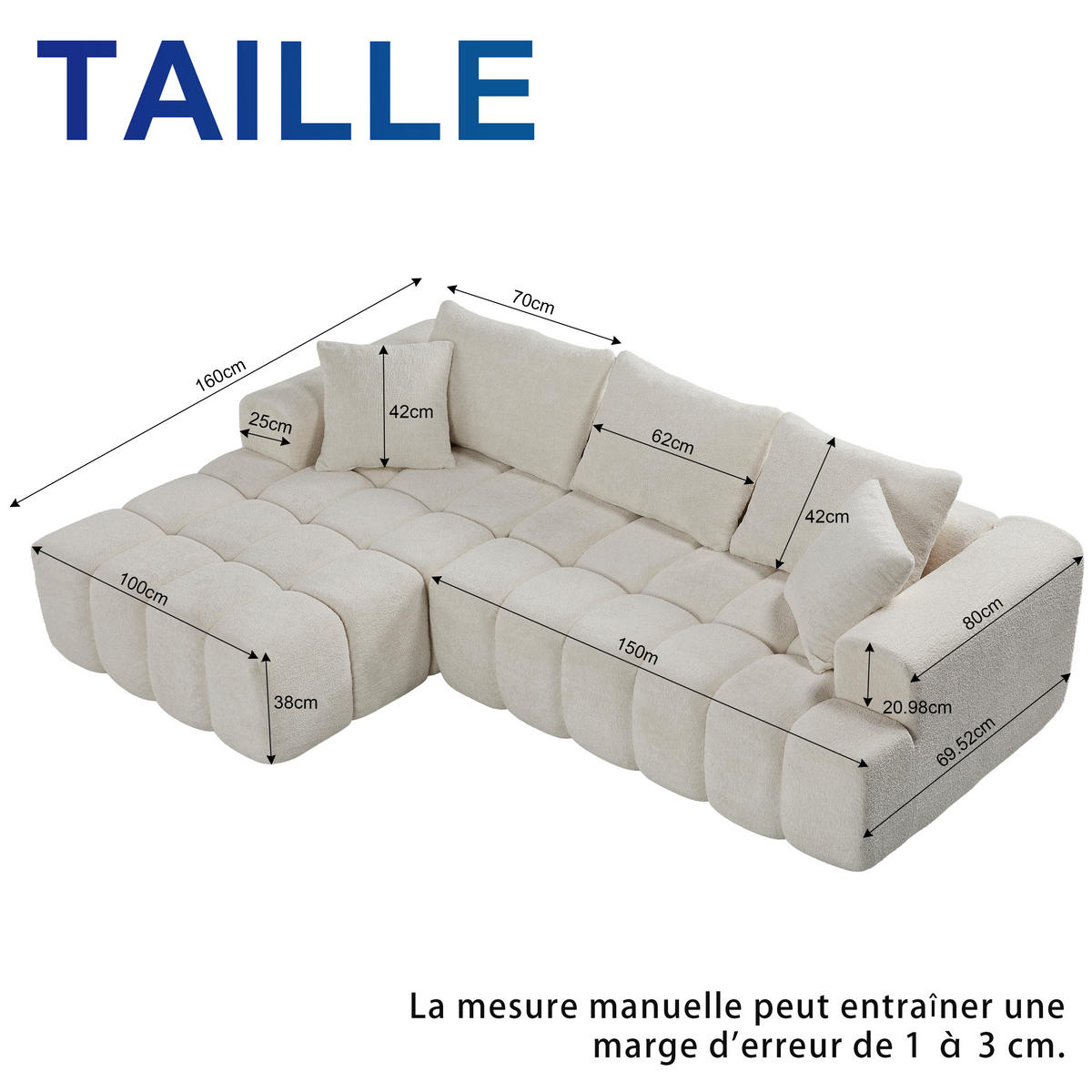ECKSOFA modular mit Chaise longue 250/150/65 cm, Weiß, L-Form - Weiß, Textil (160/250cm) - MIVRAY