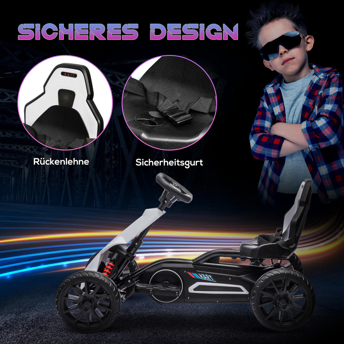 KINDER Elektro Gokart 12 V 3-5km/h Go Kart mit 2-Fach verstellbarem Modus - Weiß, Kunststoff (100/58/58.5cm) - HOMCOM