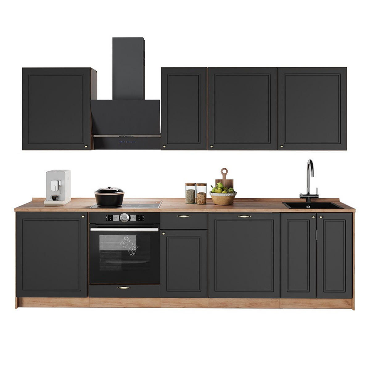 KÜCHENZEILE Fame-Line, Anthrazit-Gold Landhaus/Goldkraft Eiche, 280 cm, AP Marmor - Honigeiche/Anthrazit, Holzwerkstoff (280/206.8/60cm) - Vicco