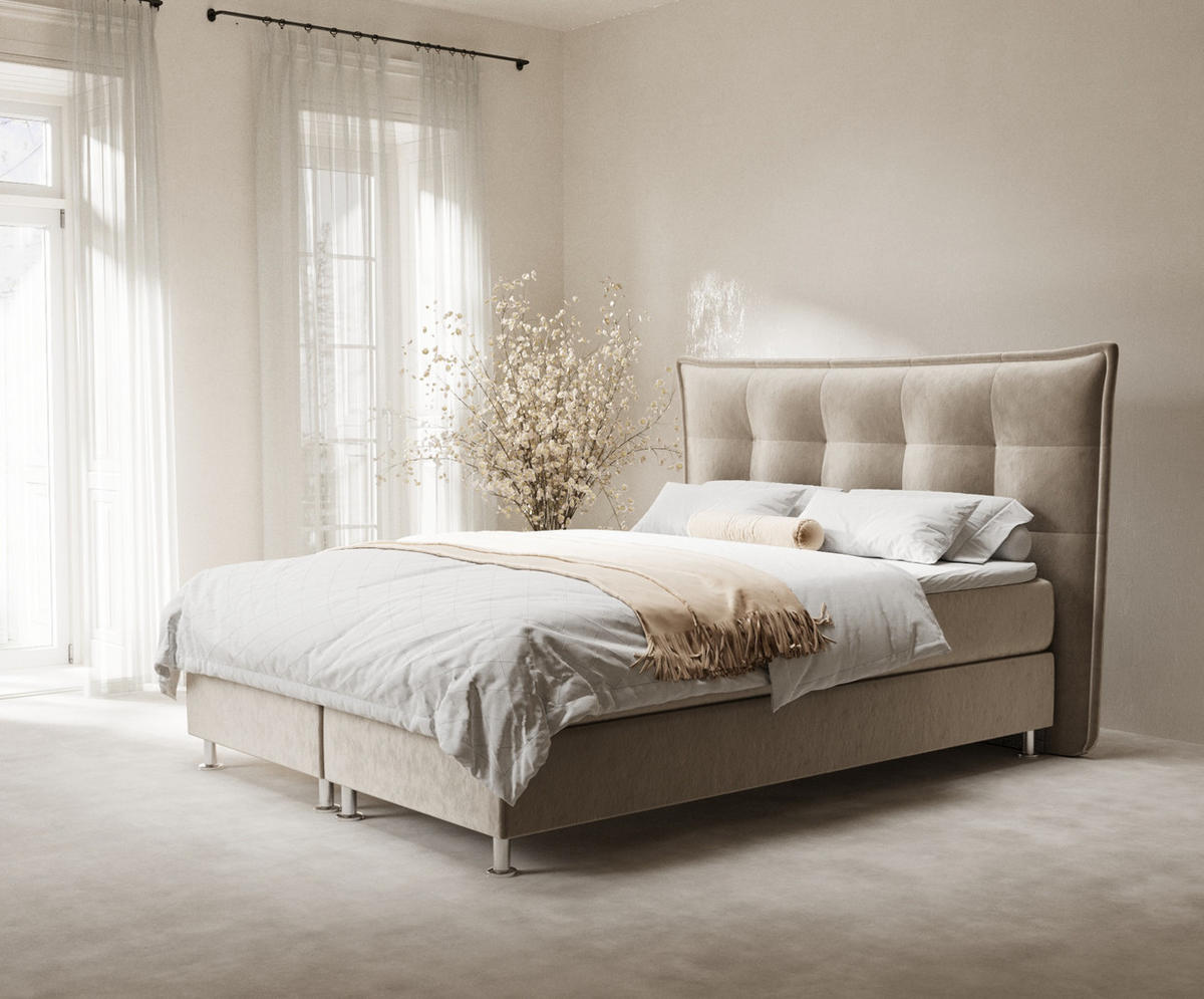 BOXSPRINGBETT Minori Beige 200/200 cm mit Latex-Topper - Beige/Silberfarben, Holz/Holzwerkstoff (200/200cm) - Maison de Reve